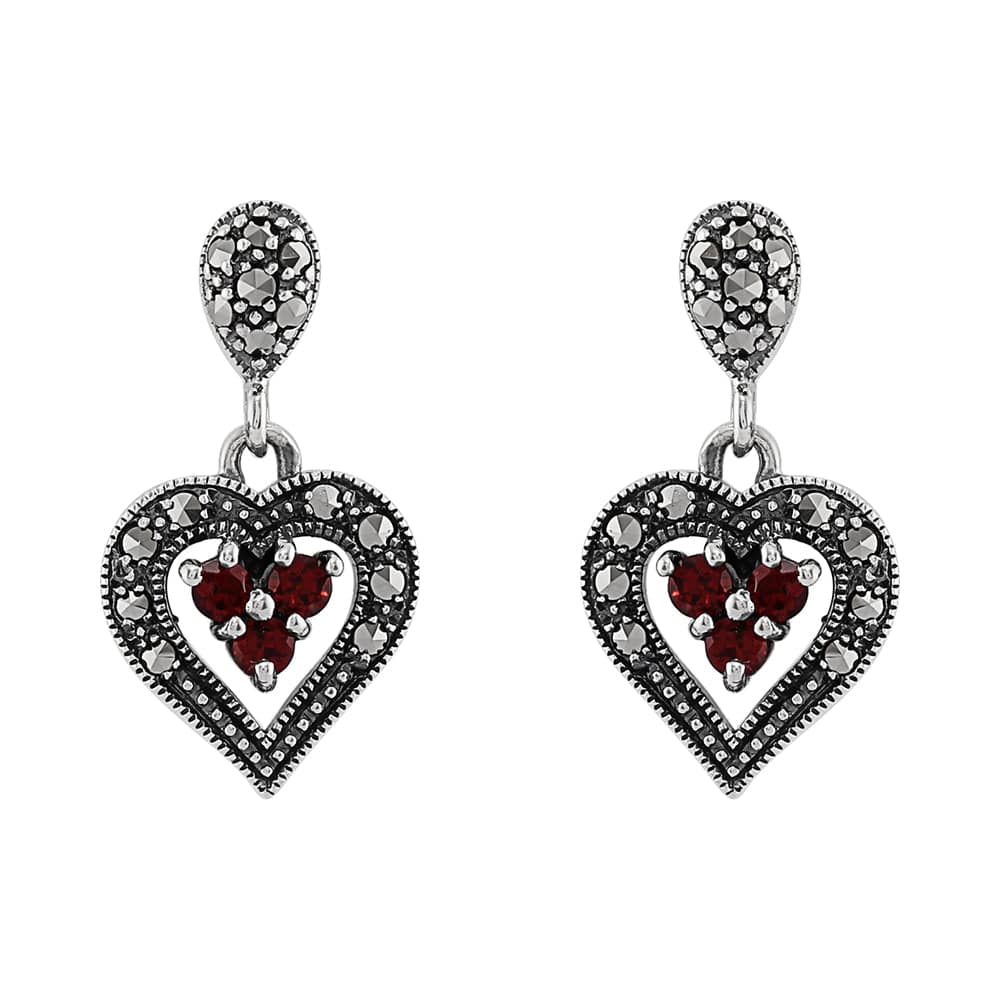Art Deco Garnet & Marcasite Cluster Heart Drop Earrings & Pendant Set Image 2