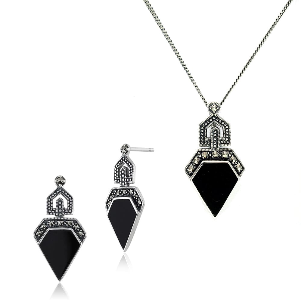 Art Deco Black Onyx & Round Marcasite Stud Drop Earrings & Pendant Set Image 1