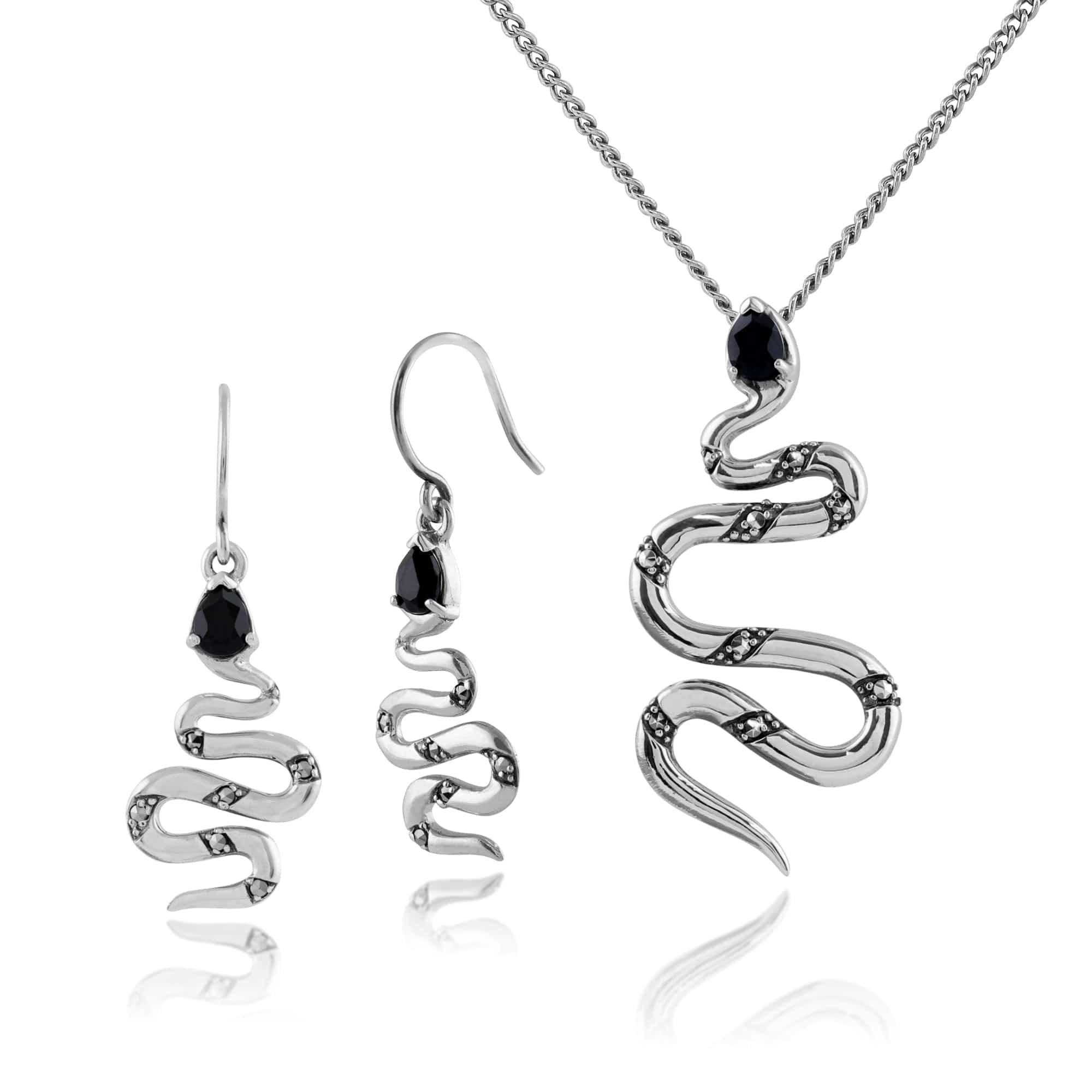 214E663902925-214N661401925 Art Nouveau Style Style Pear Black Spinel & Marcasite Snake Drop Earrings & Necklace Set in 925 Sterling Silver 1