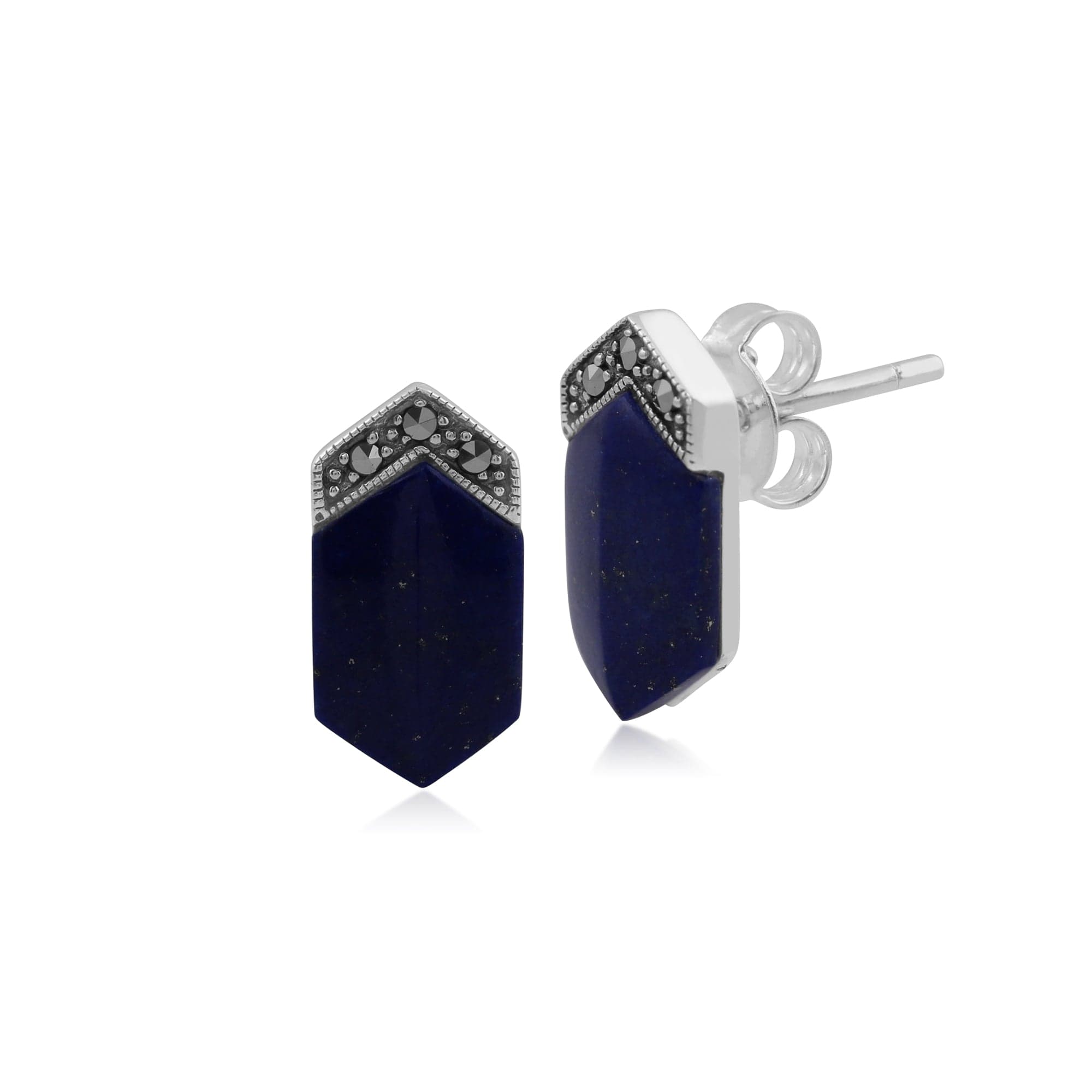 Art Deco Style Lapis Lazuli Cabochon & Marcasite Long Hexagon Studs in 925 Sterling Silver - Gemondo