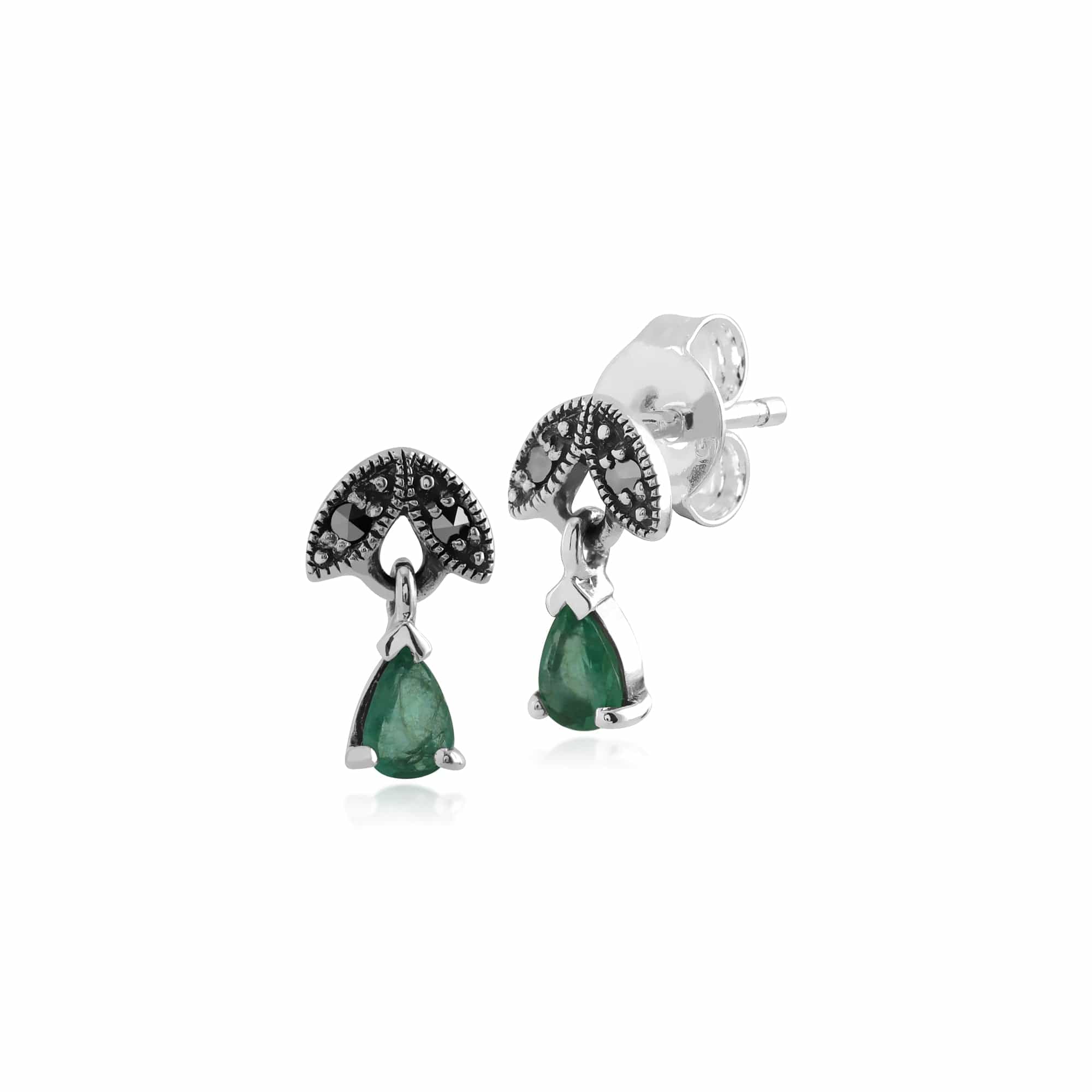 Art Nouveau Style Pear Emerald & Marcasite Drop Earrings in 925 Sterling Silver - Gemondo