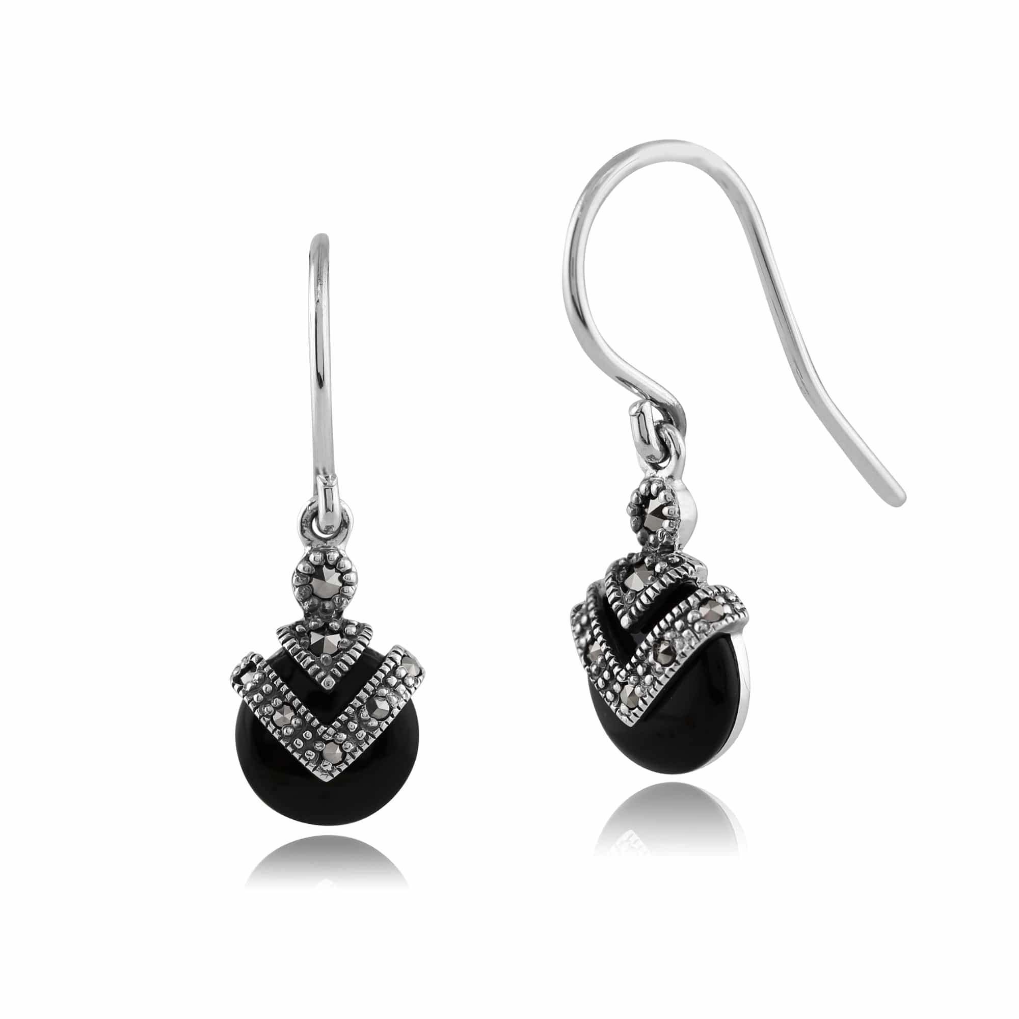 Art Deco Style Round Black Onyx & Marcasite Drop Earrings in 925 Sterling Silver - Gemondo