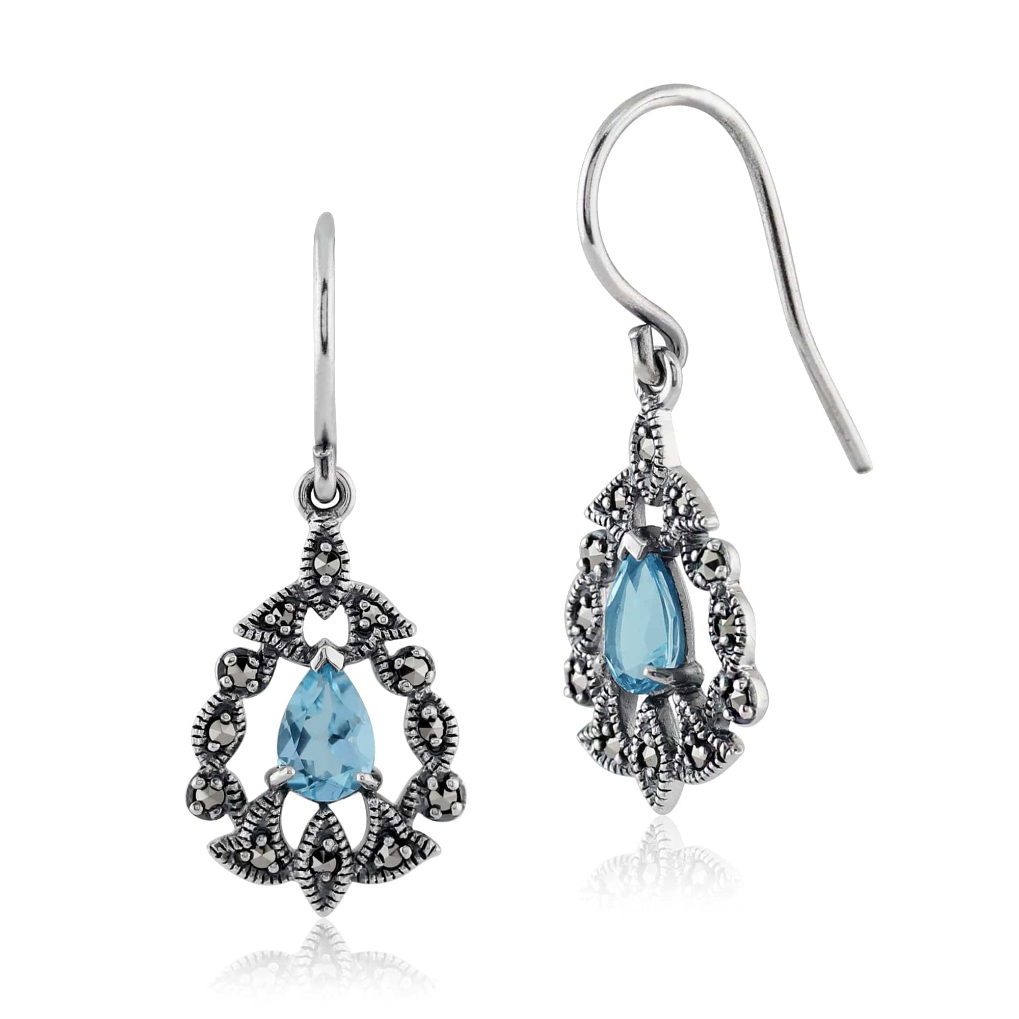 Art Nouveau Blue Topaz & Marcasite Garland Drop Earrings & Pendant Set Image 2