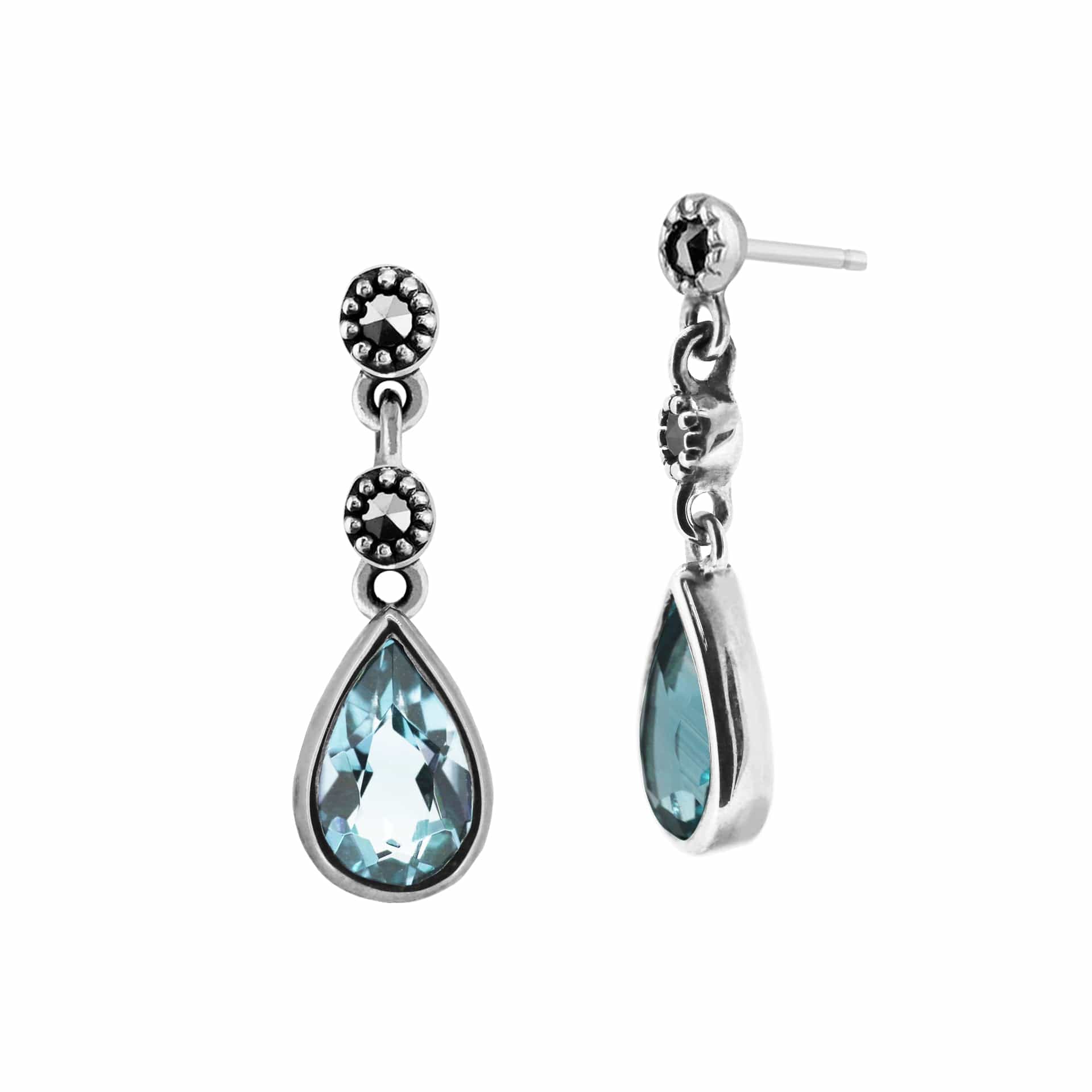 214E706909925 Gemondo Sterling Silver Blue Topaz & Marcasite Three Stone Drop Earrings 1