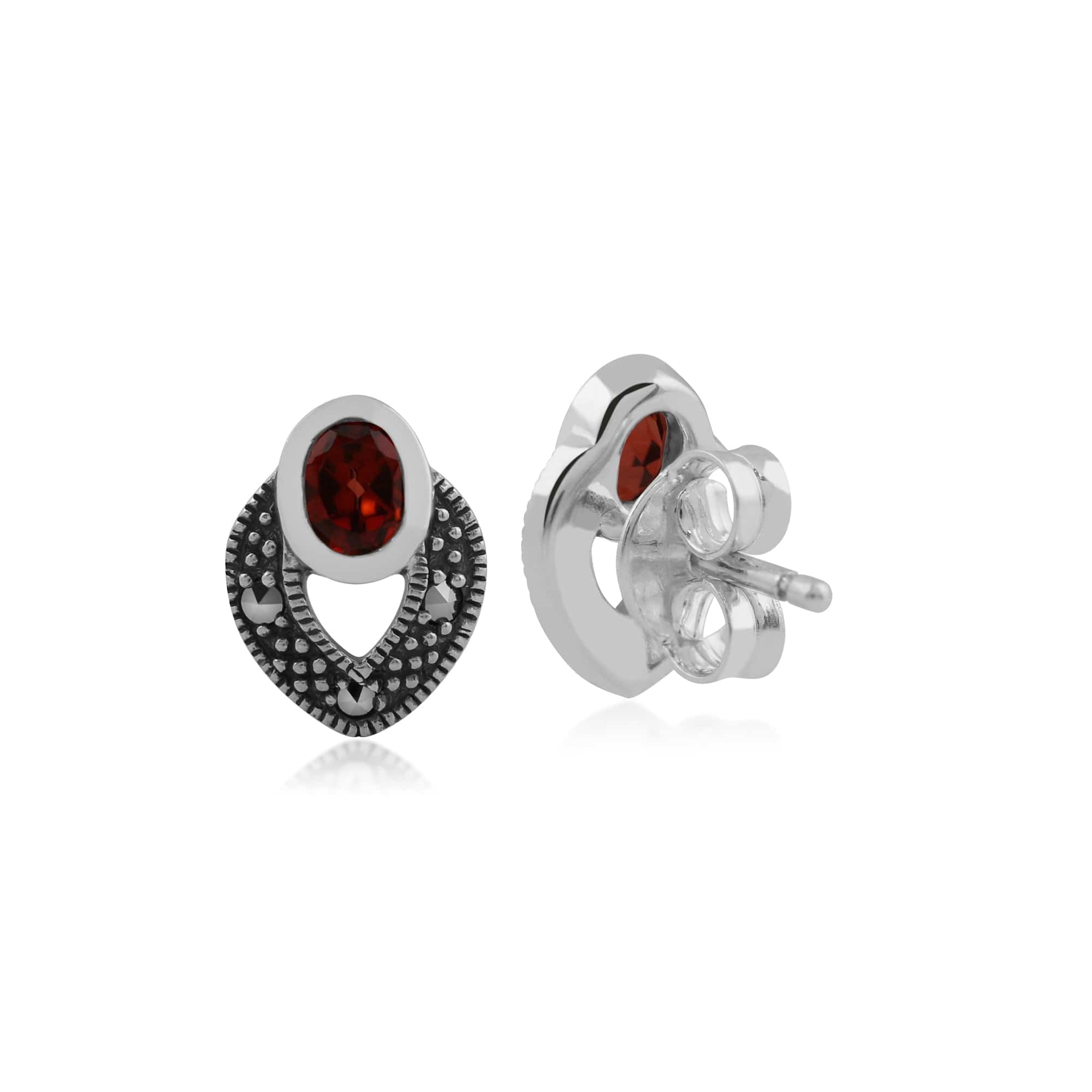 Art Deco Style Oval Garnet & Marcasite Stud Earrings in 925 Sterling Silver - Gemondo