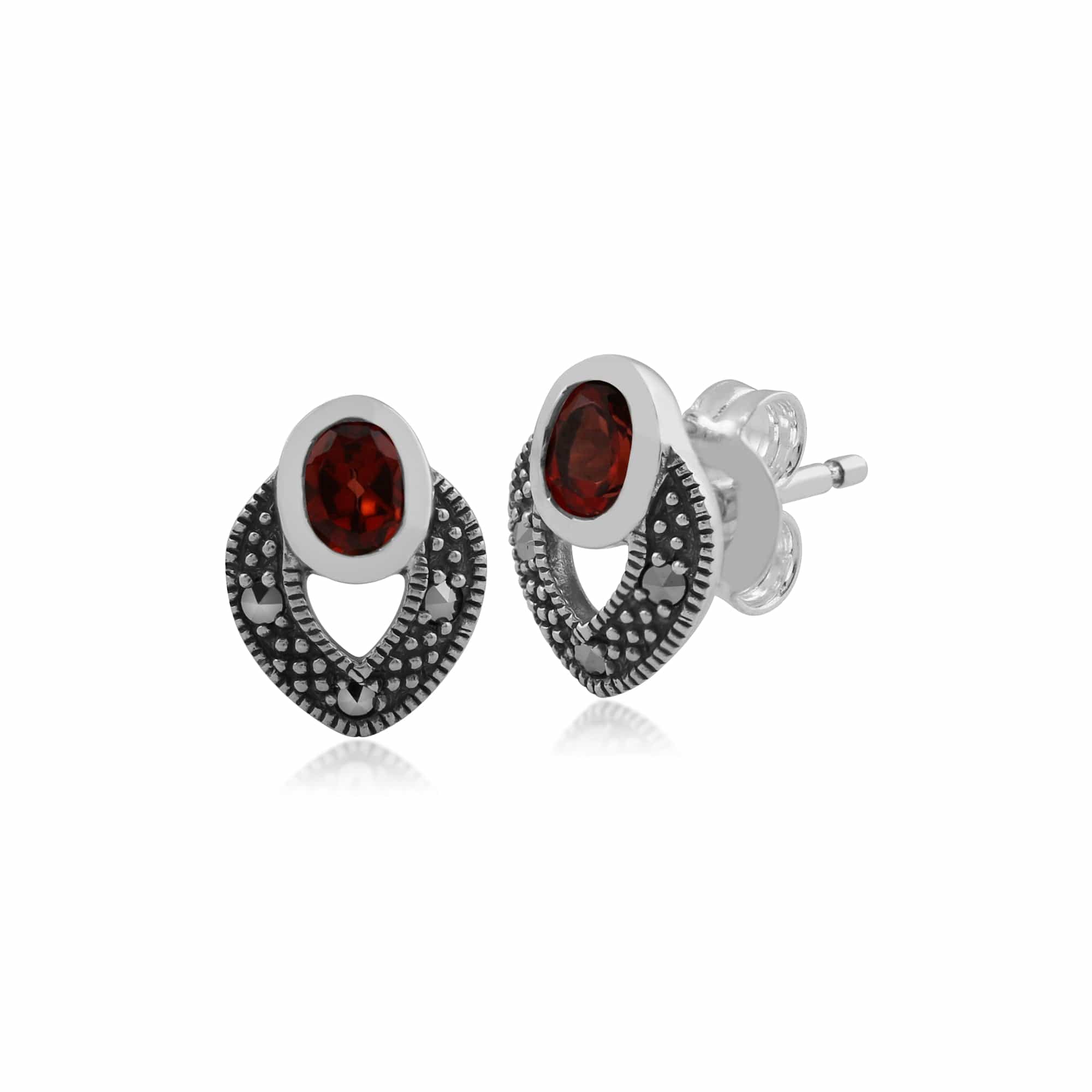 Art Deco Style Oval Garnet & Marcasite Stud Earrings in 925 Sterling Silver - Gemondo