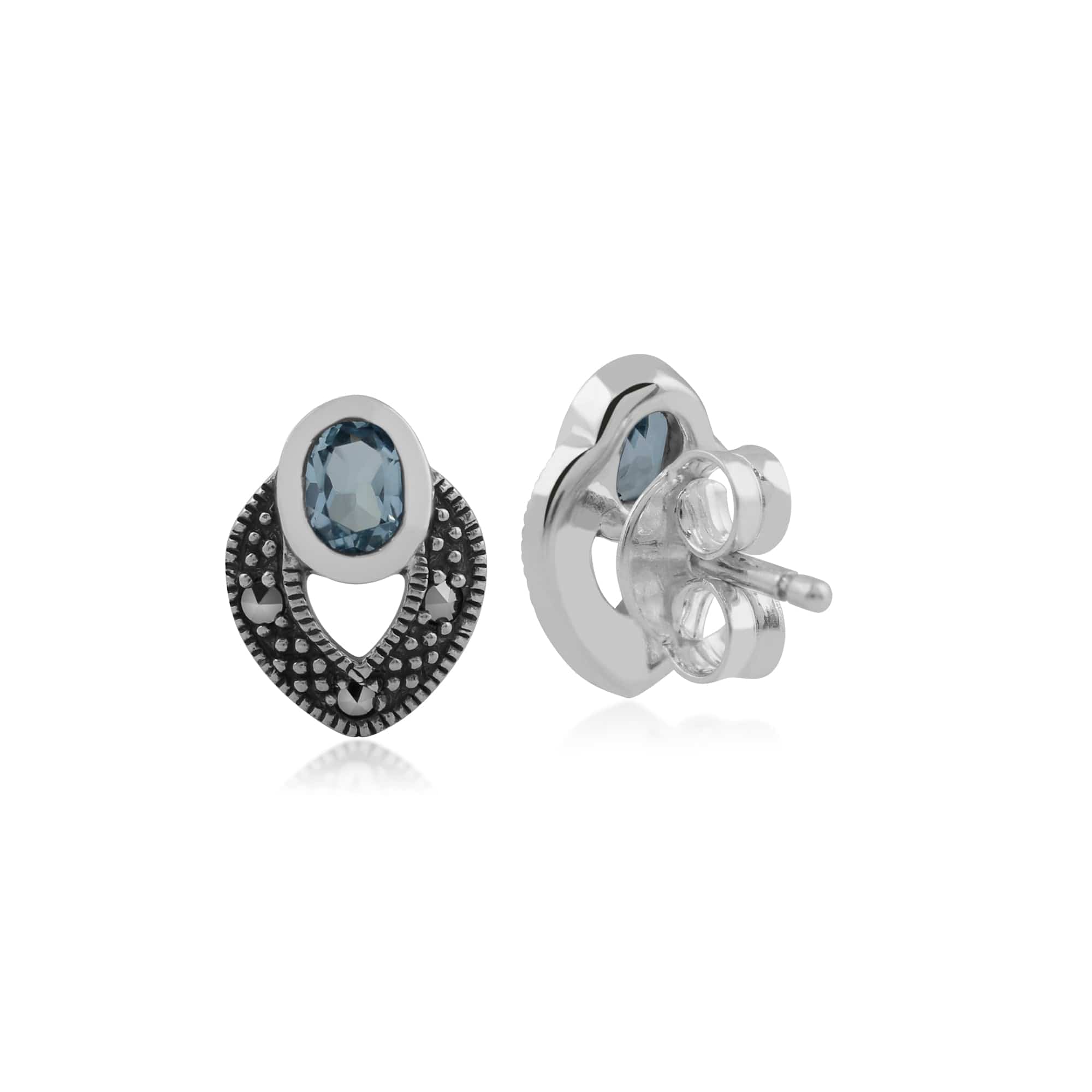 Art Deco Style Oval Blue Topaz & Marcasite Stud Earrings in 925 Sterling Silver - Gemondo