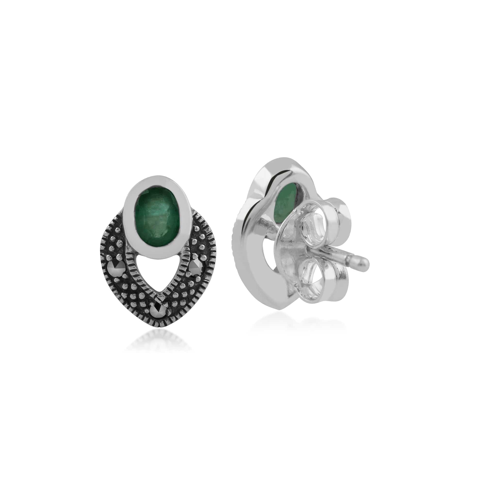 Art Deco Style Oval Emerald & Marcasite Stud Earrings in 925 Sterling Silver - Gemondo