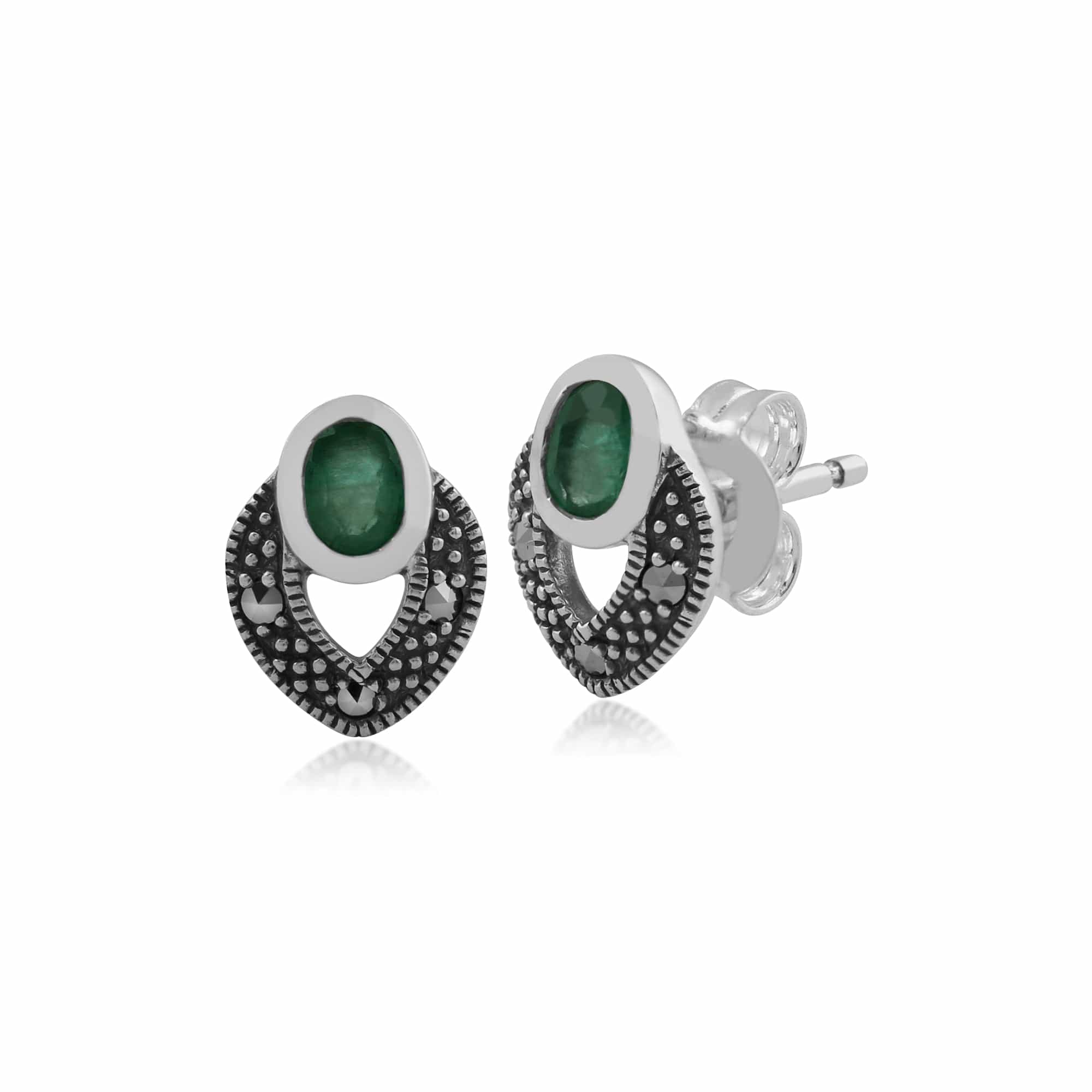 Art Deco Style Oval Emerald & Marcasite Stud Earrings in 925 Sterling Silver - Gemondo