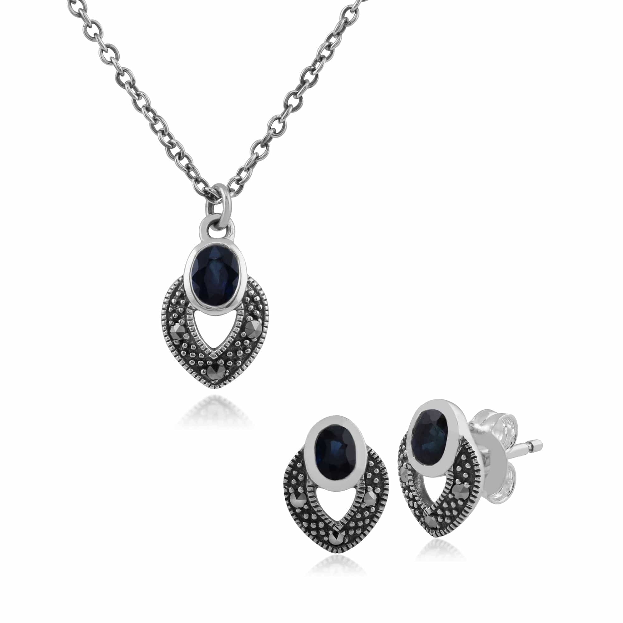 214E717810925-214N688212925 Art Deco Style Oval Sapphire & Marcasite Stud Earrings & Pendant Set in Sterling Silver 1