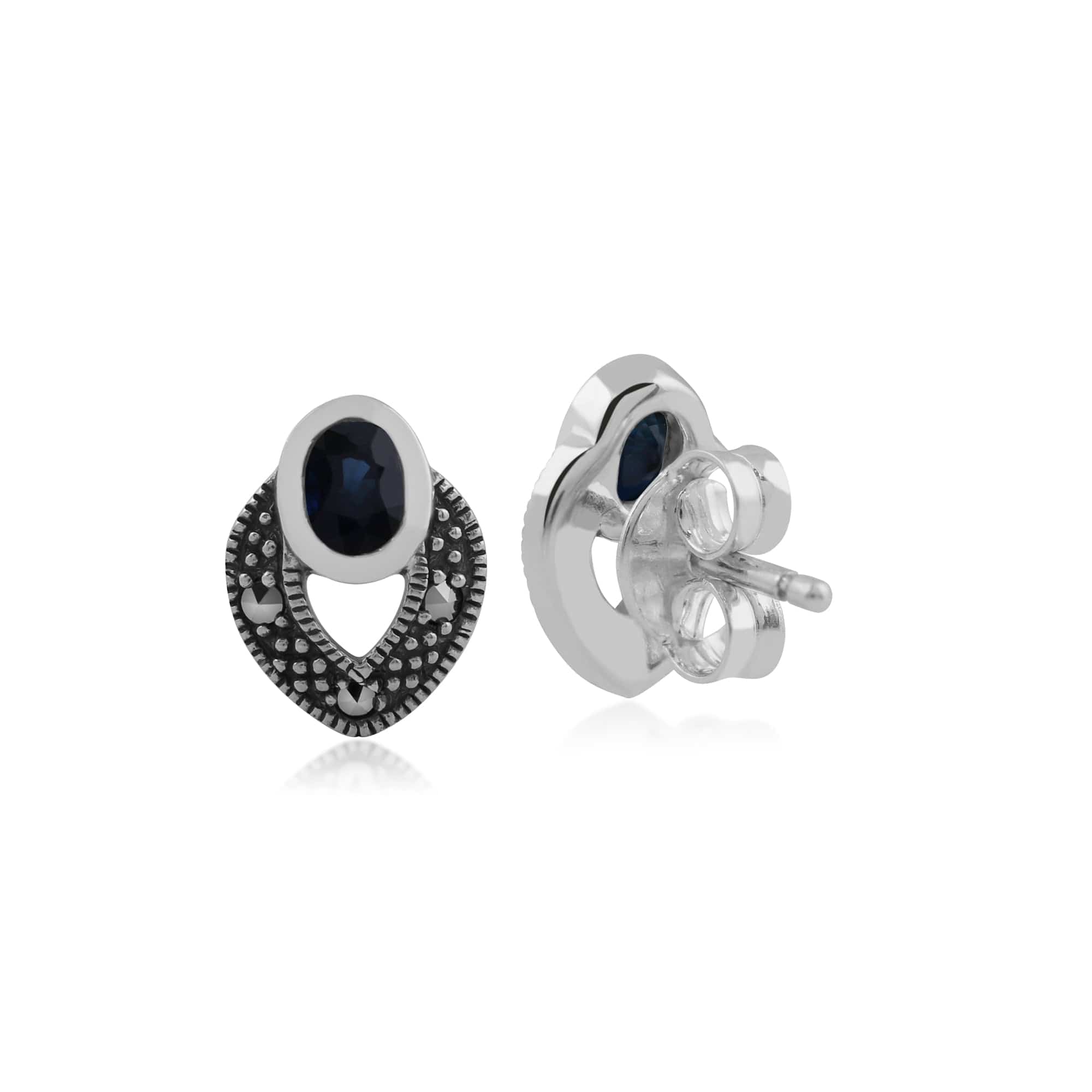 214E717810925 Art Deco Style Oval Sapphire & Marcasite Stud Earrings in 925 Sterling Silver 2