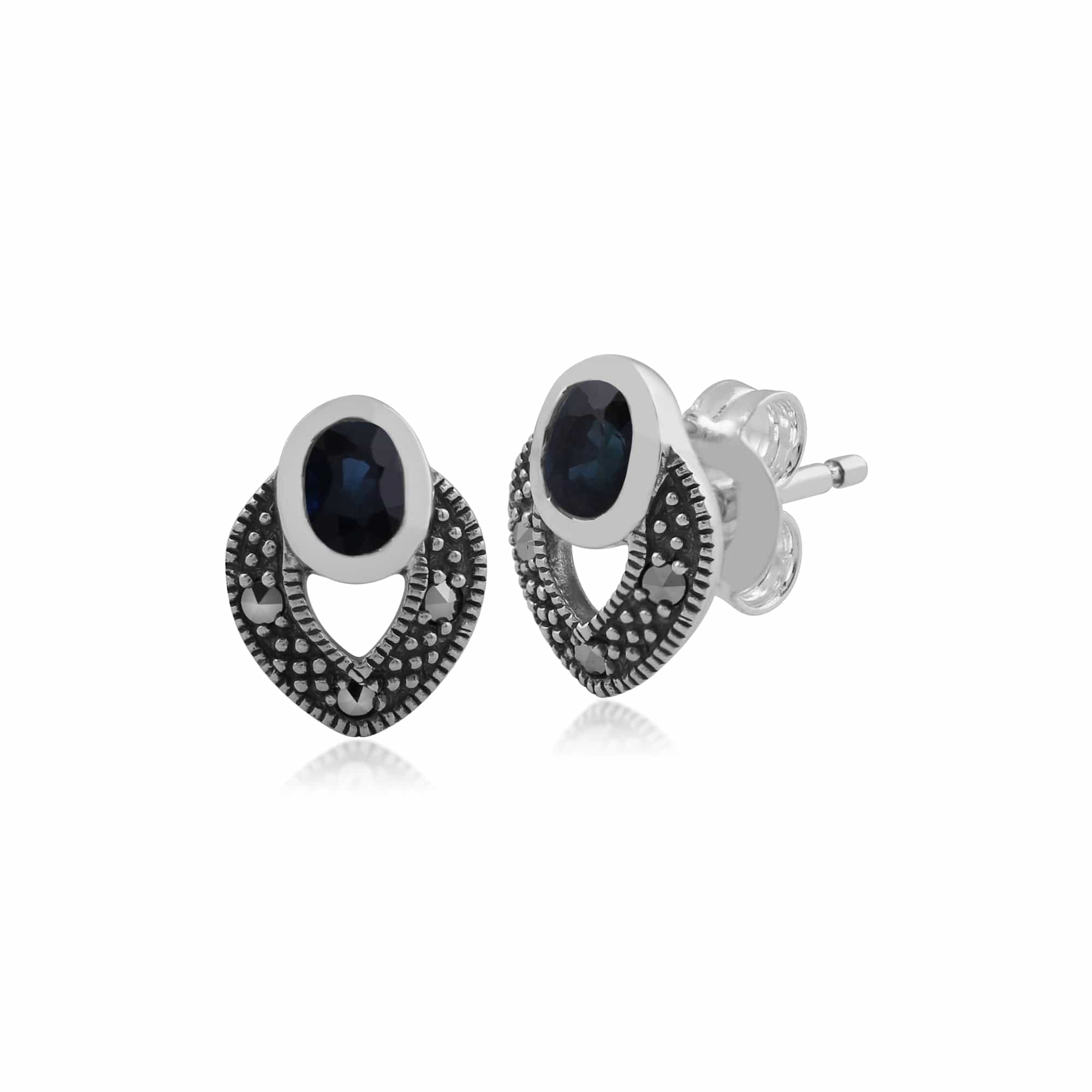 Art Deco Style Oval Sapphire & Marcasite Stud Earrings & Pendant Set in Sterling Silver - Gemondo
