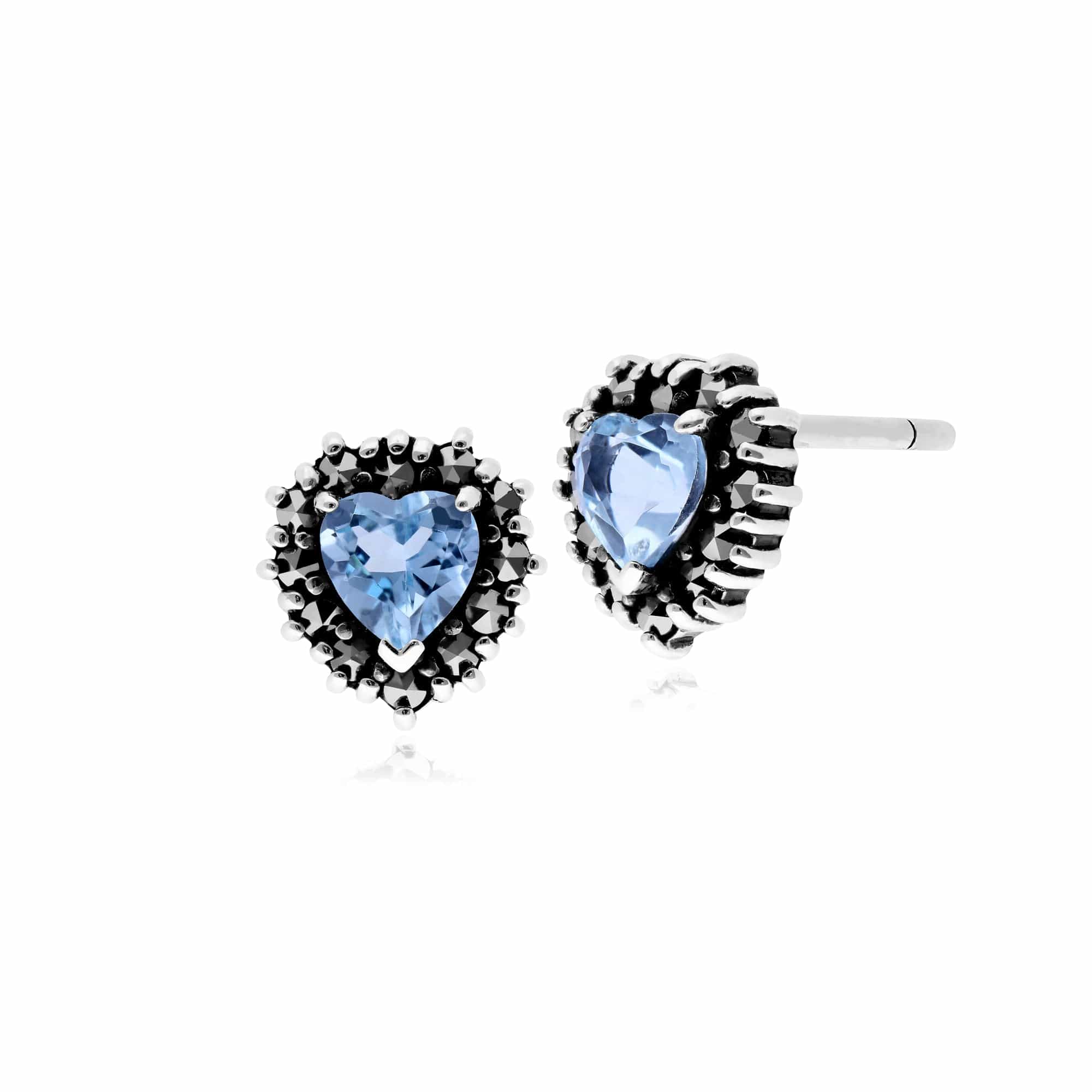 Classic Heart Blue Topaz & Marcasite Halo Heart Stud Earrings in 925 Sterling Silver - Gemondo