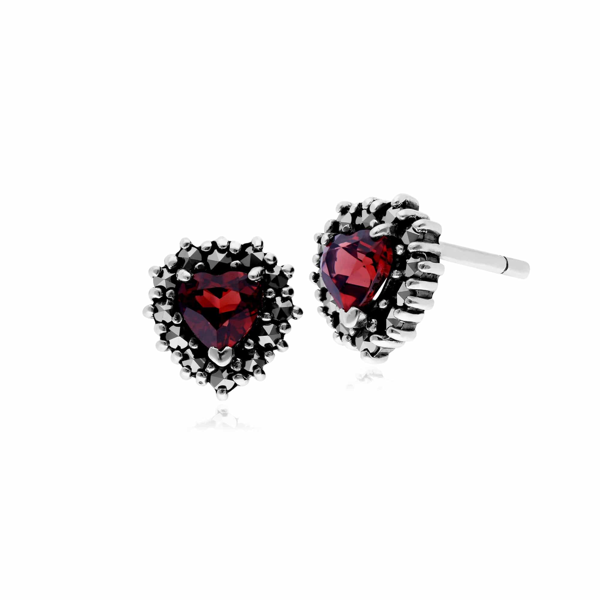 214E725705925-214P301203925 Art Deco Style Garnet & Marcasite Heart Stud Earrings & Necklace Set in 925 Sterling Silver 2