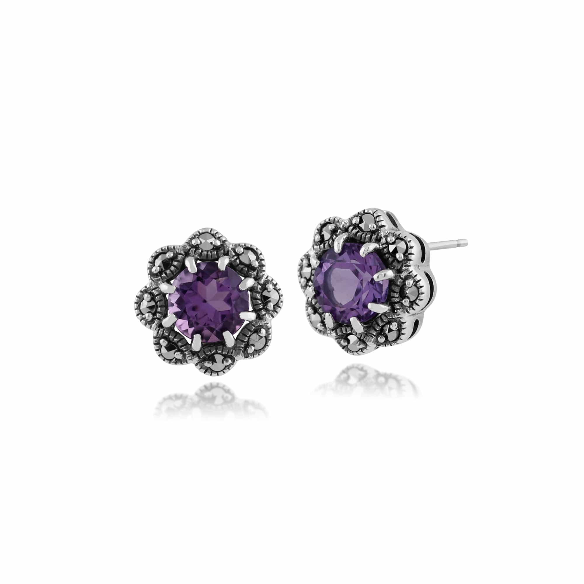 Art Nouveau Style Round Amethyst & Marcasite Stud Earrings in 925 Sterling Silver - Gemondo