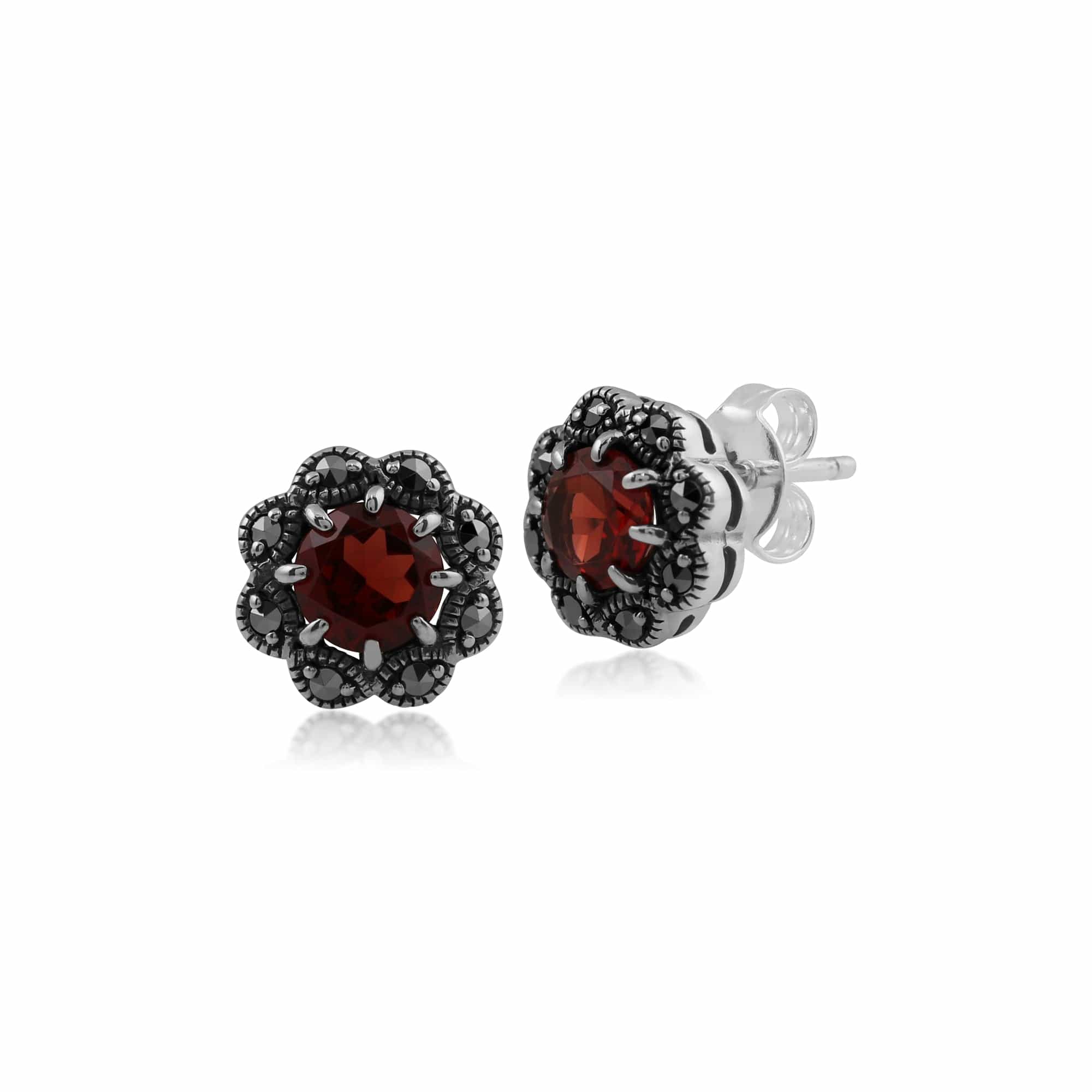 Floral Round Garnet & Marcasite Cluster Stud Earrings in 925 Sterling Silver - Gemondo