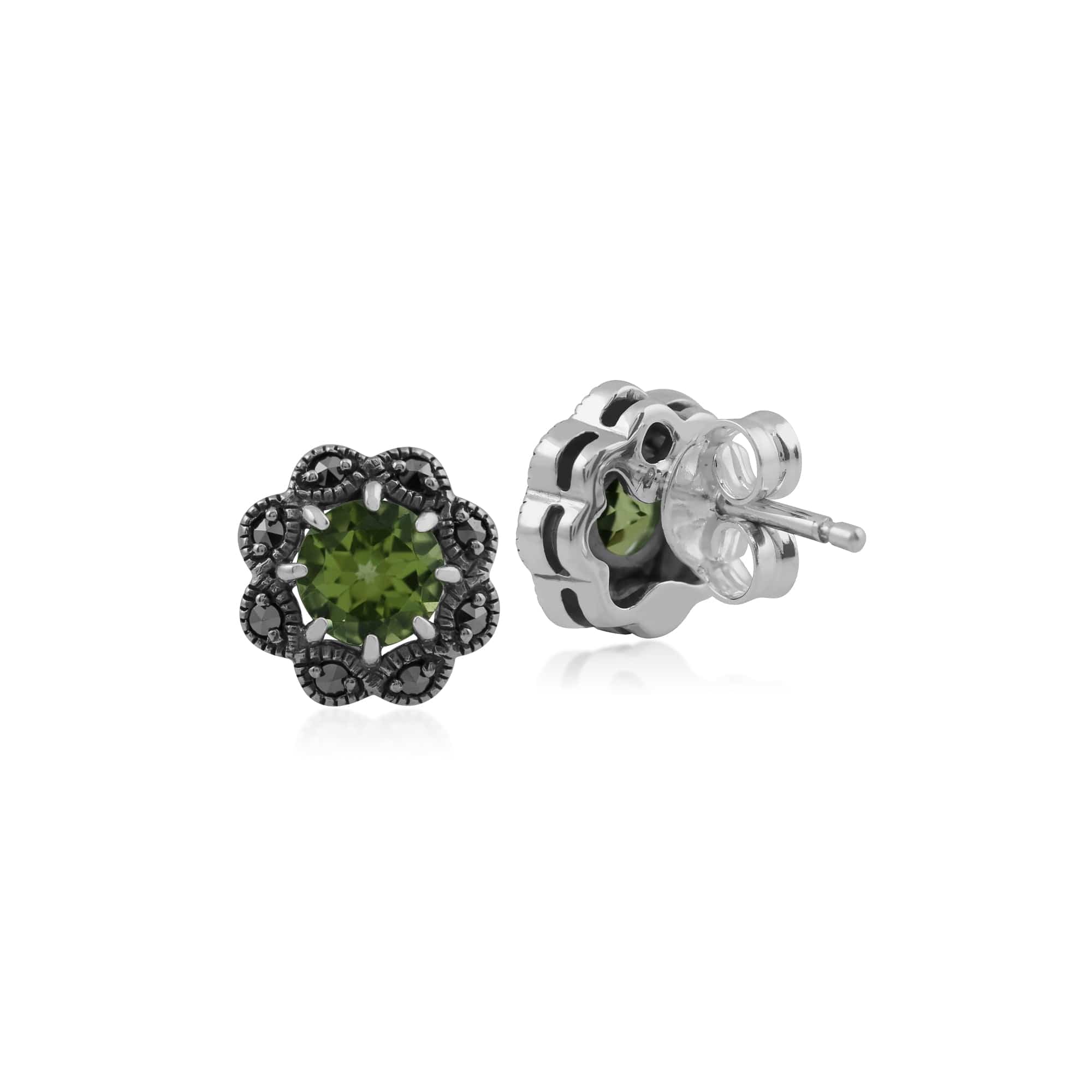 Floral Round Peridot & Marcasite Cluster Stud Earrings in 925 Sterling Silver - Gemondo
