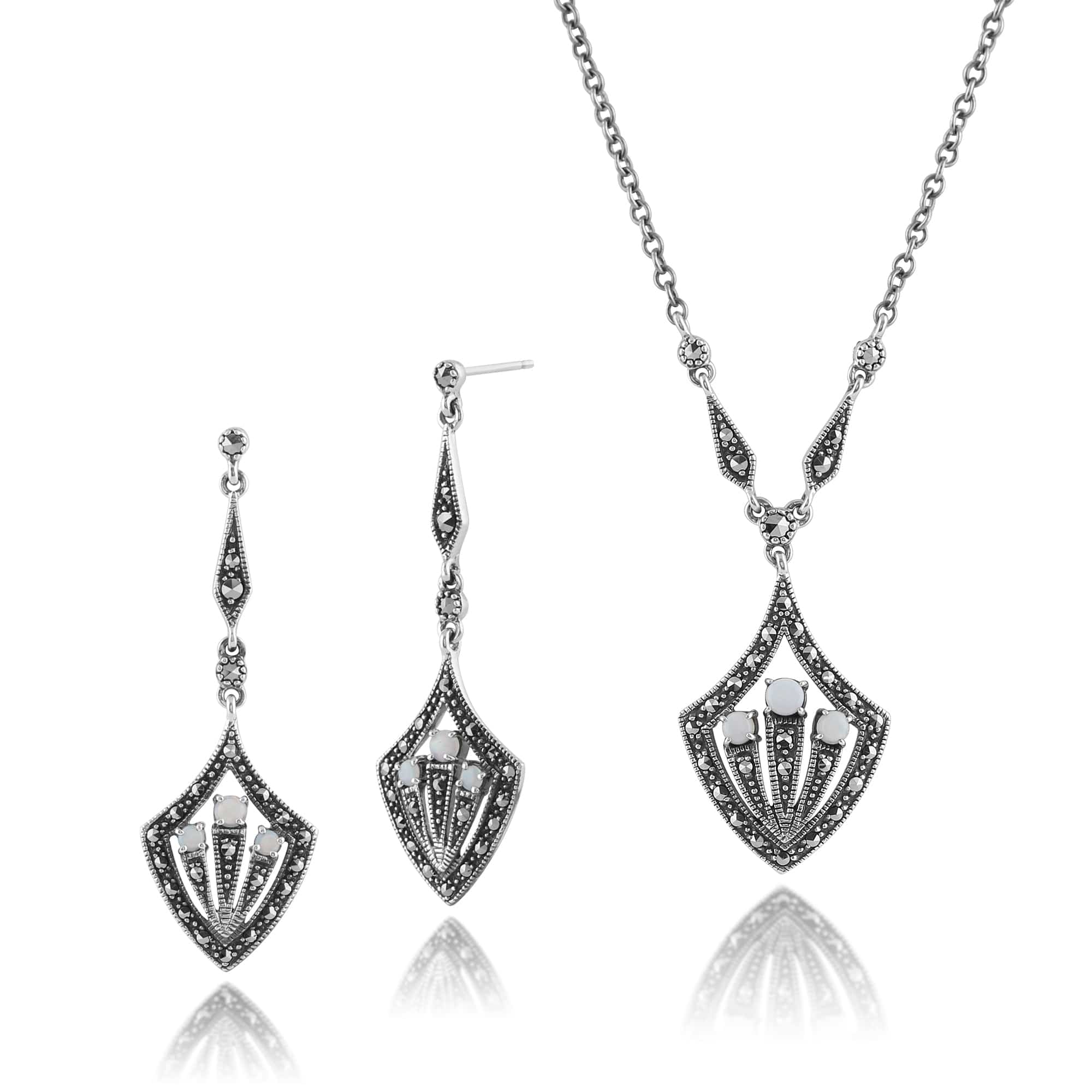 Art Deco Opal & Marcasite Shield Drop Earrings & Necklace Set Image 1