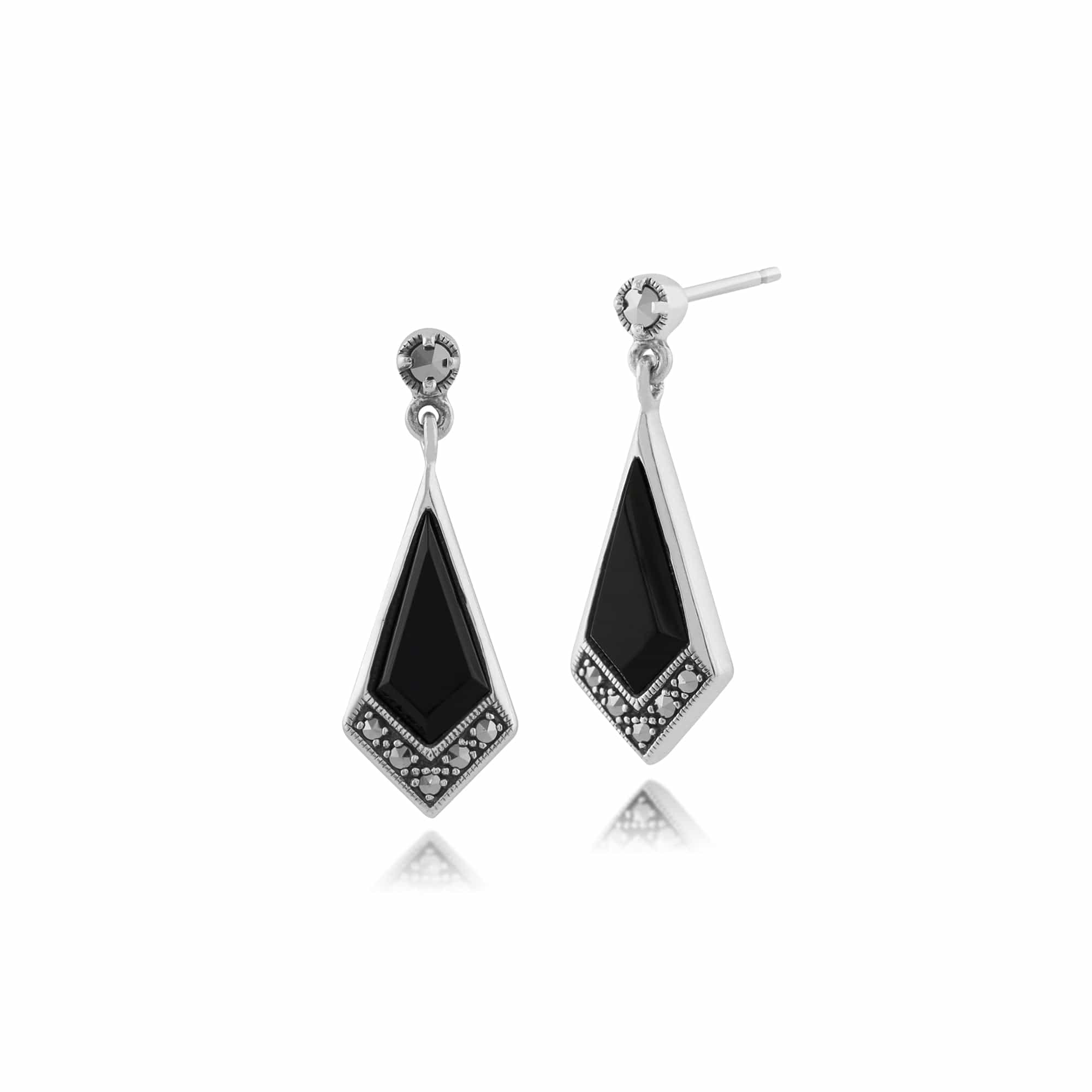 Art Deco Style Black Onyx & Marcasite Kite Drop Earrings in 925 Sterling Silver - Gemondo