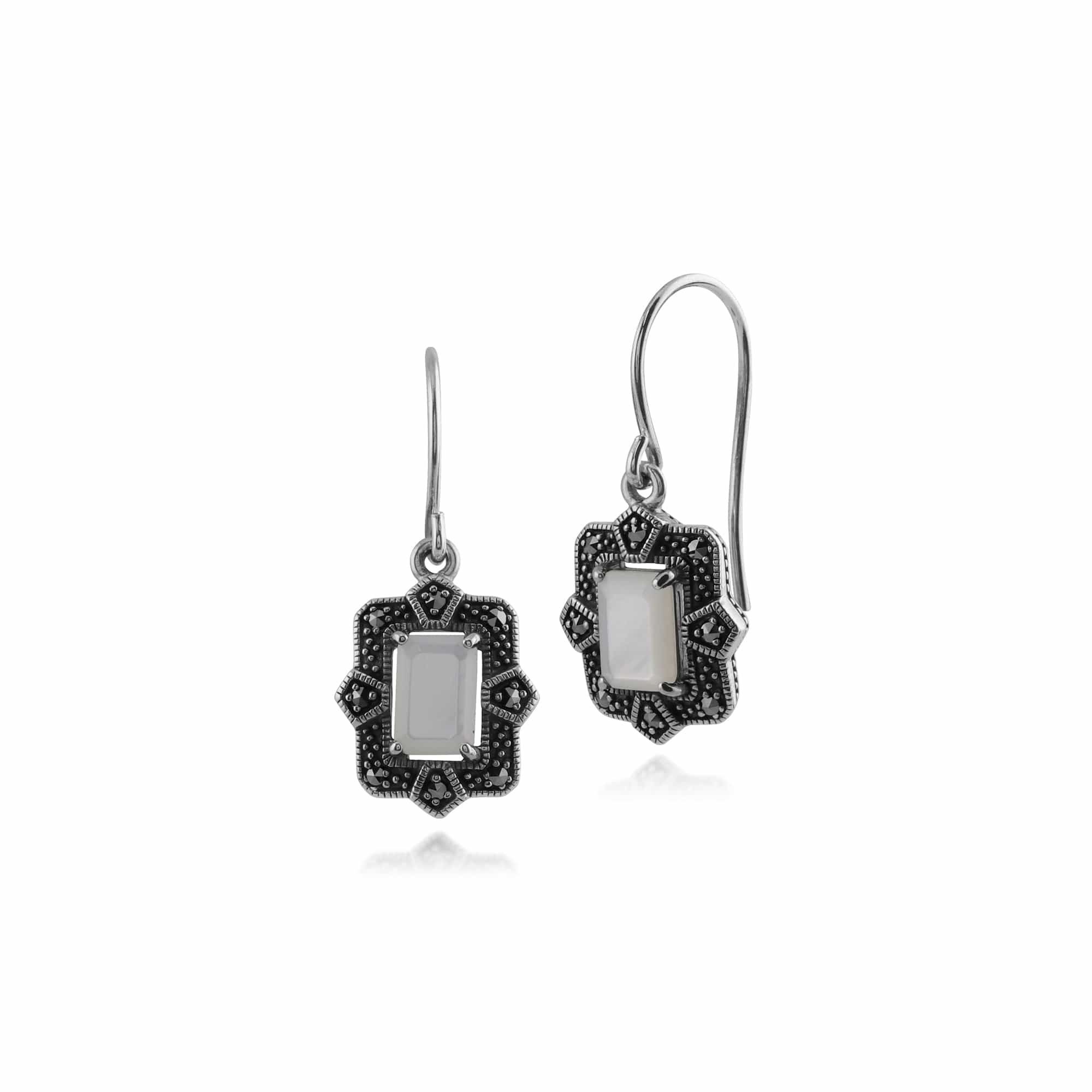 Art Deco Style Octagon Mother of Pearl & Marcasite Drop Earrings in 925 Sterling Silver - Gemondo