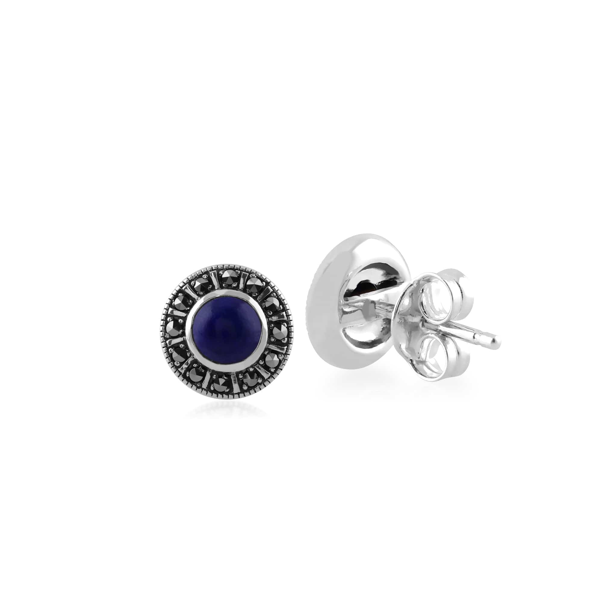 214E850402925 Art Deco Style Round Lapis Lazuli & Marcasite Halo Stud Earrings in 925 Sterling Silver 2
