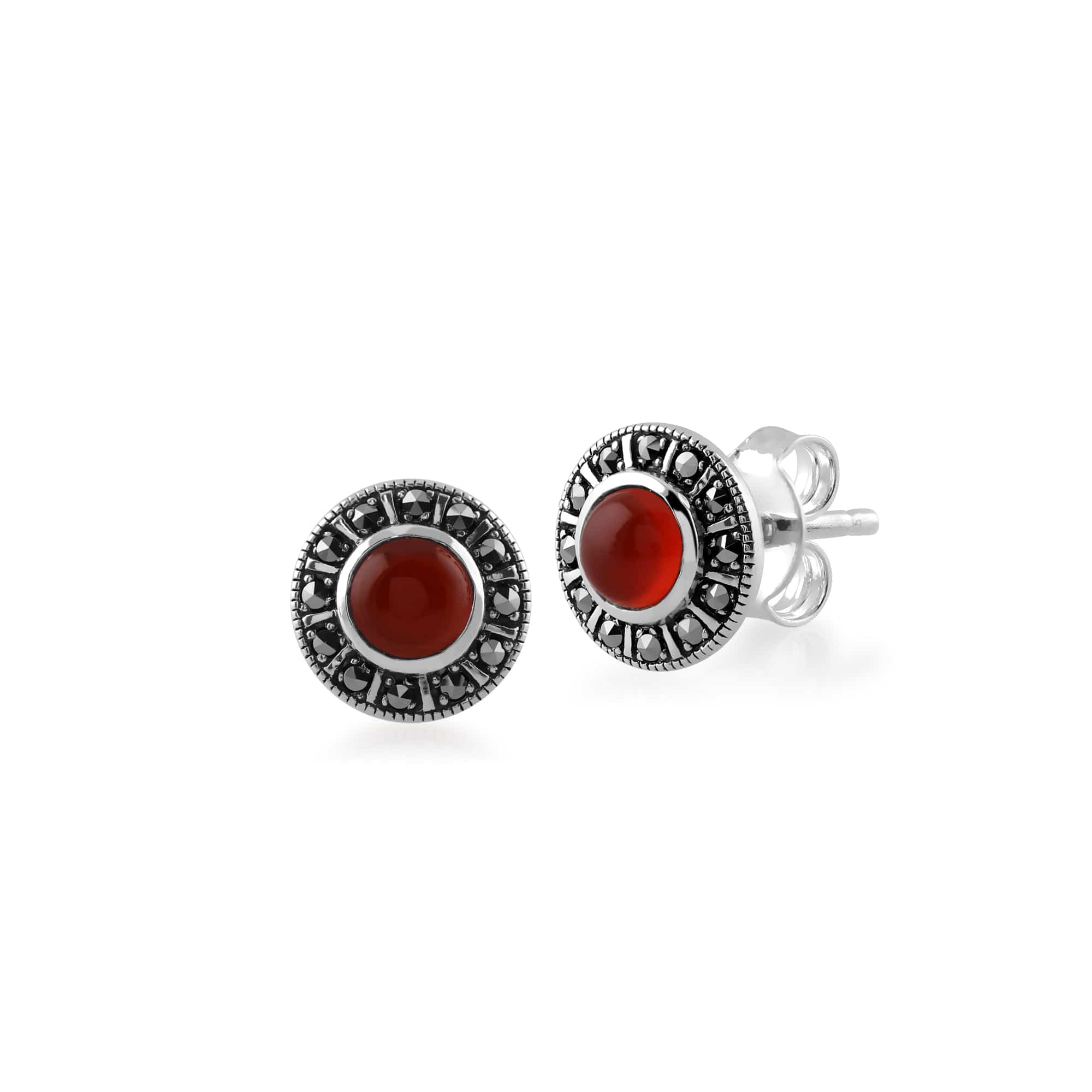 Art Deco Style Round Red Carnelian & Marcasite Halo Stud Earrings in 925 Sterling Silver - Gemondo