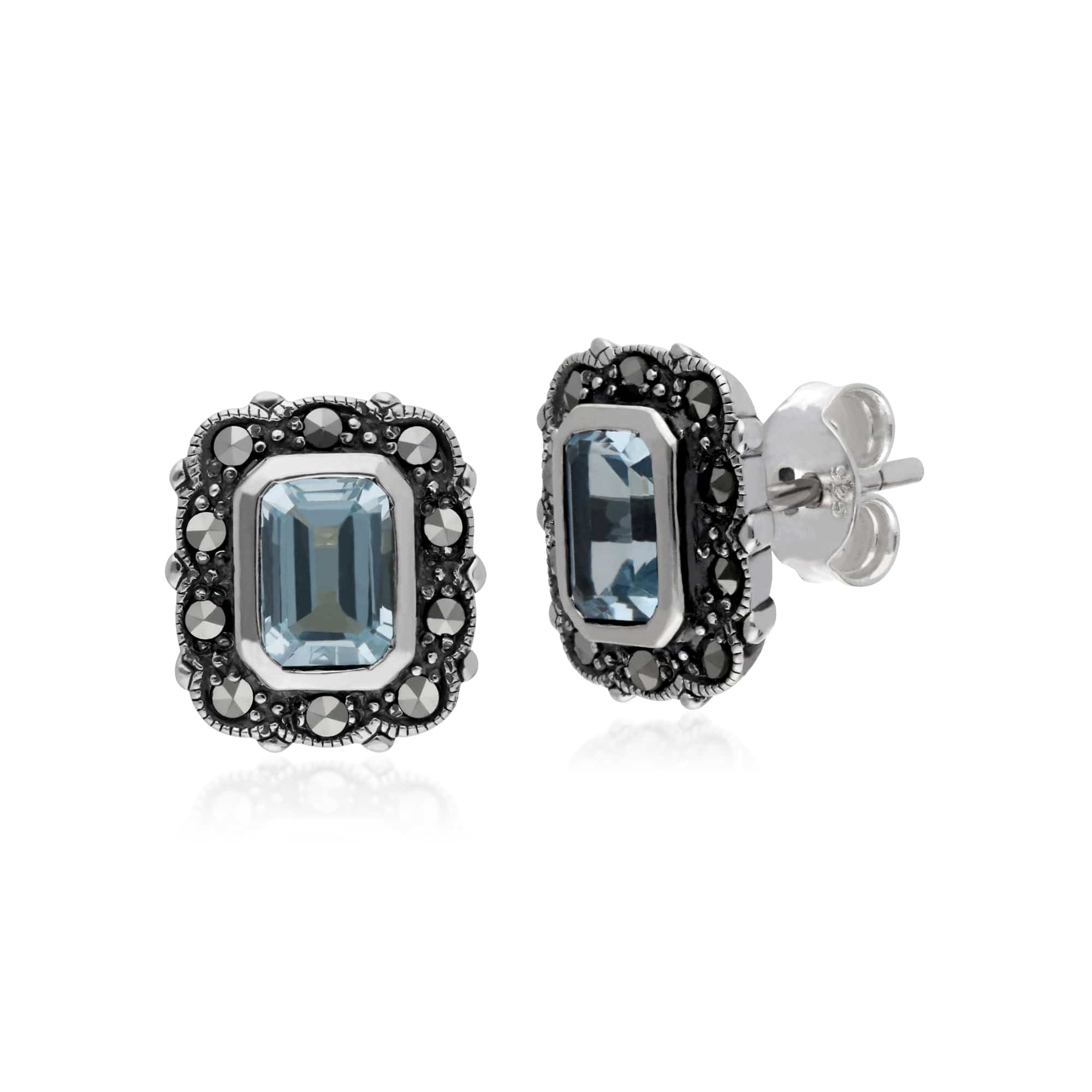 214E852602925 Gemondo Sterling Silver Blue Topaz & Marcasite Octagon Art Nouveau Earrings 1
