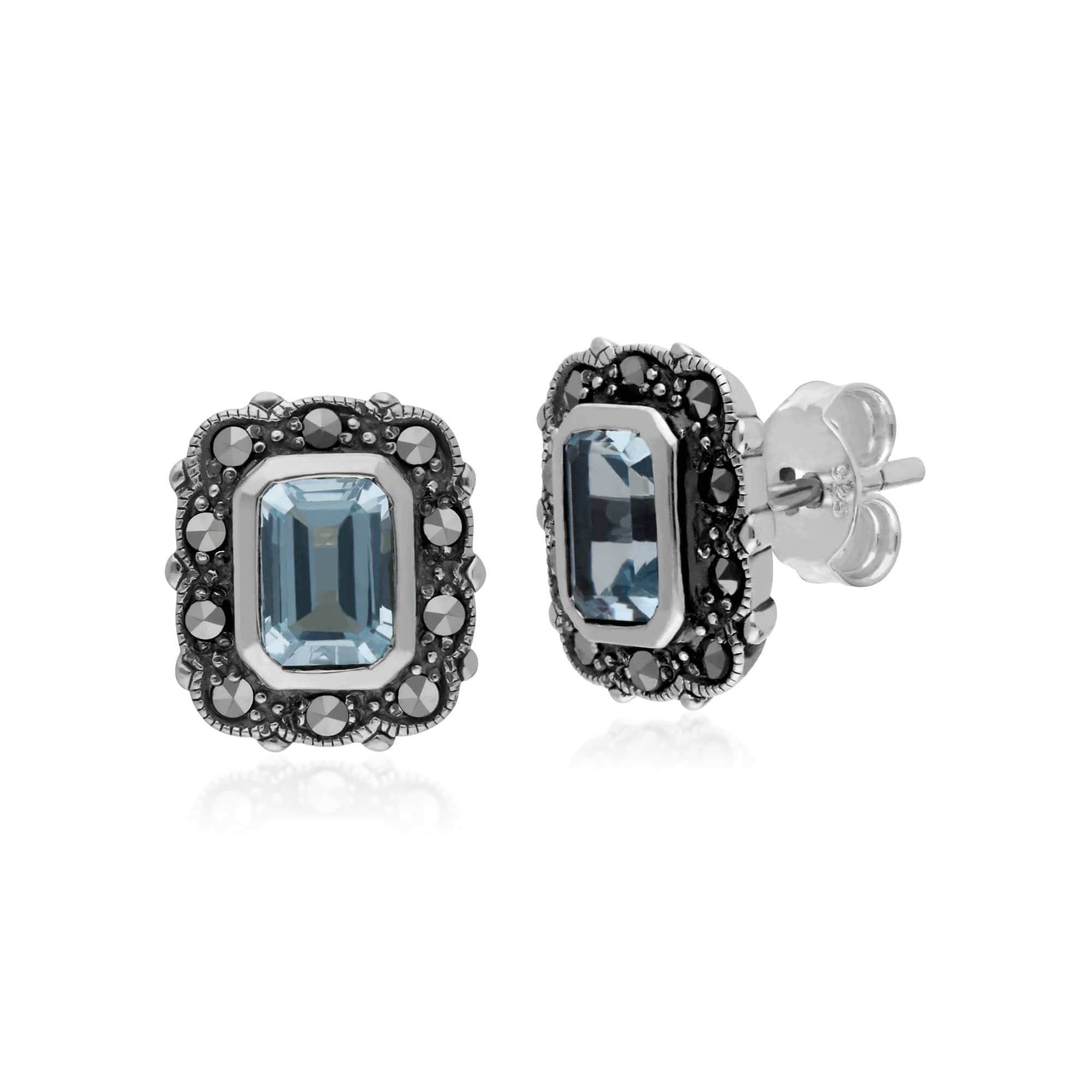 214E852602925 Gemondo Sterling Silver Blue Topaz & Marcasite Octagon Art Nouveau Earrings 2
