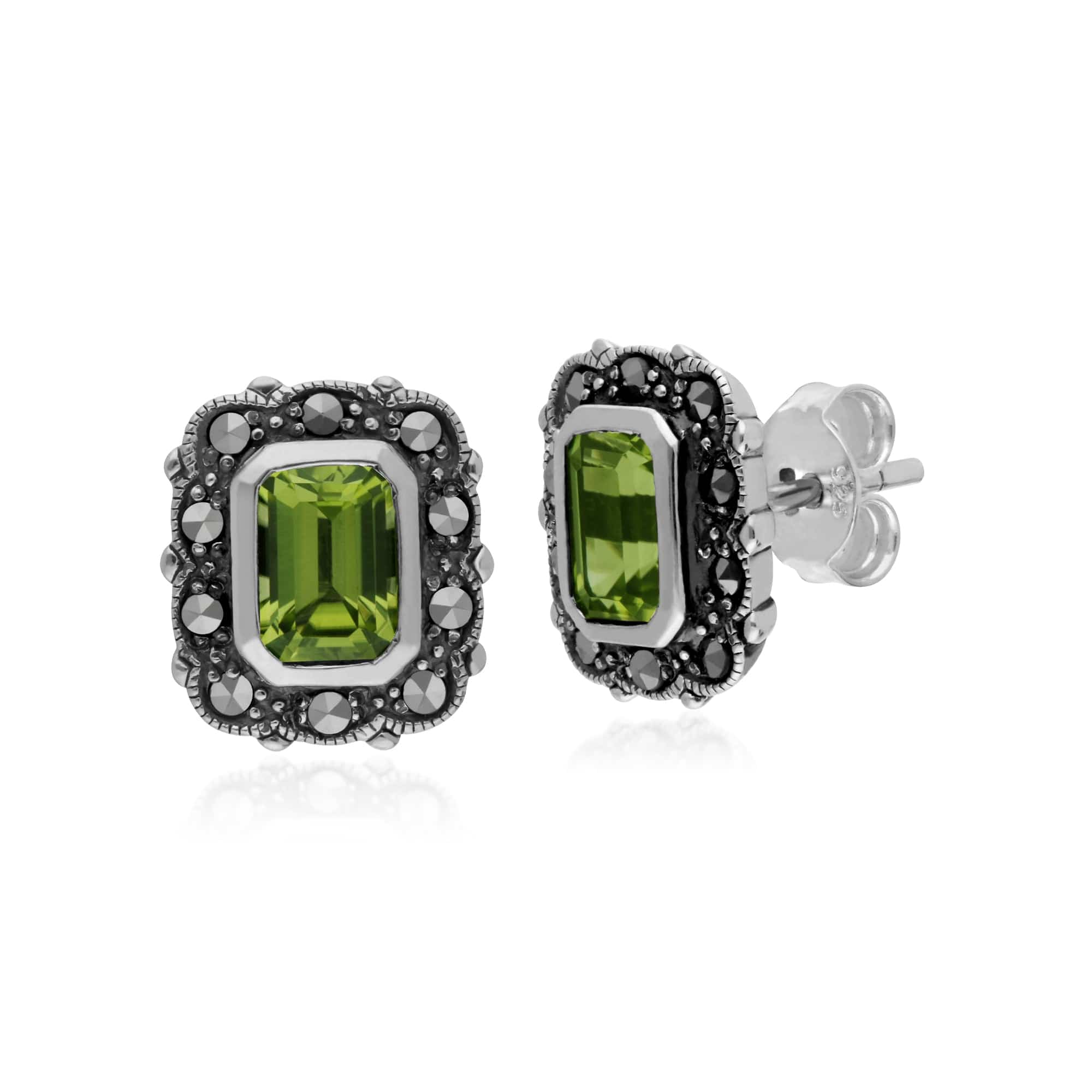 Gemondo Sterling Silver Peridot & Marcasite Octagon Art Nouveau Stud Earrings - Gemondo