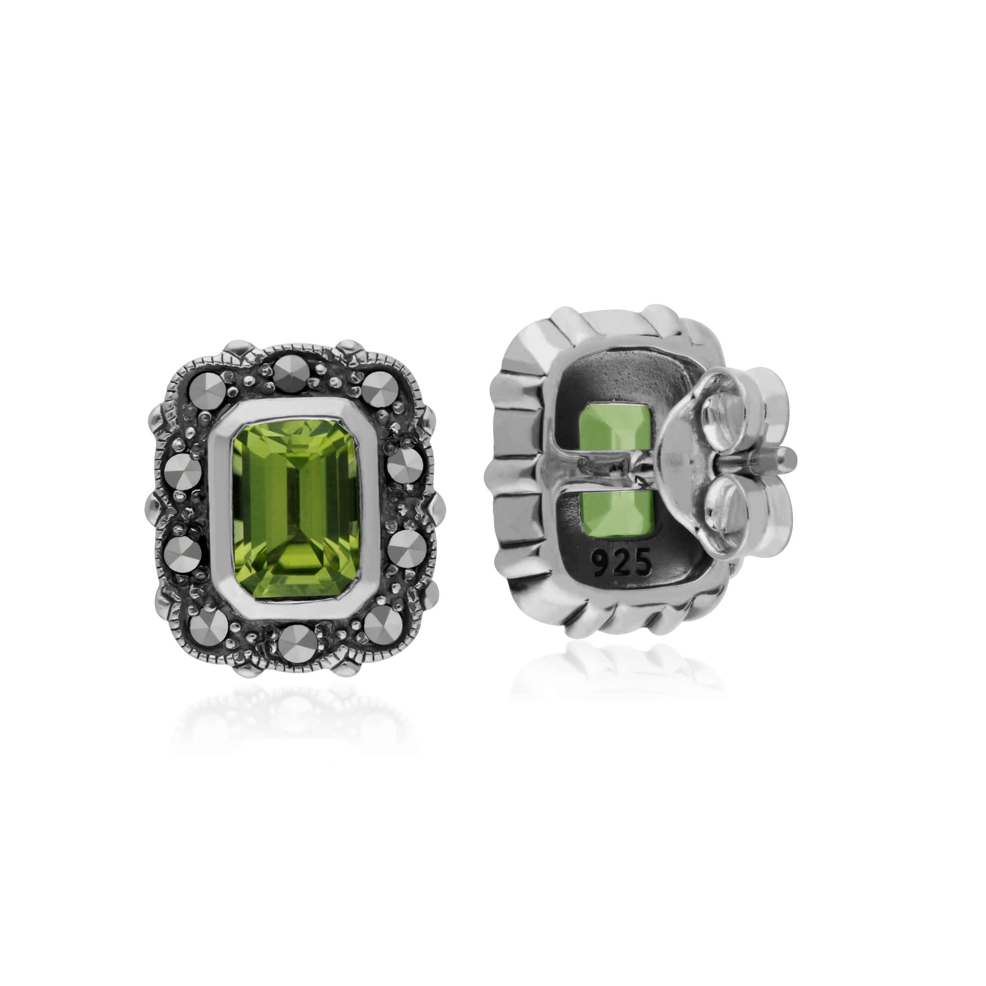 Gemondo Sterling Silver Peridot & Marcasite Octagon Art Nouveau Stud Earrings - Gemondo