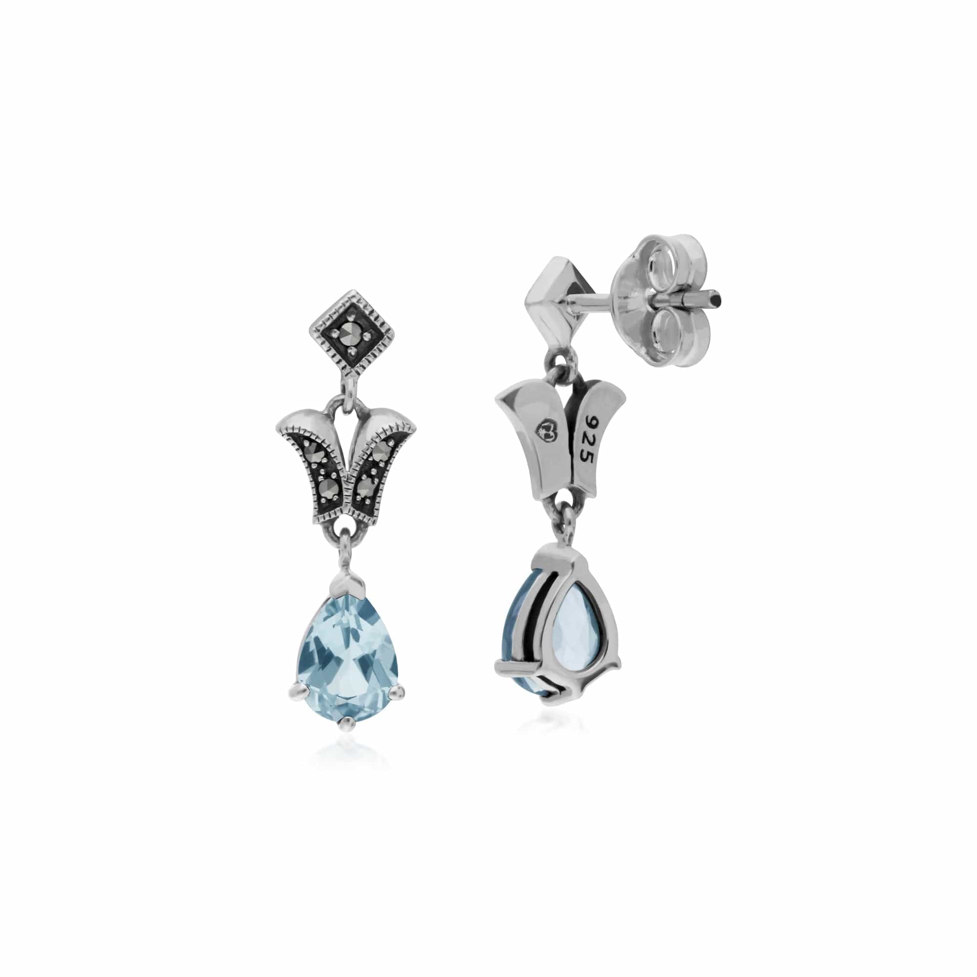 214E859602925 Art Nouveau Style Pear Blue Topaz & Marcasite Drop Earrings in 925 Sterling Silver 2