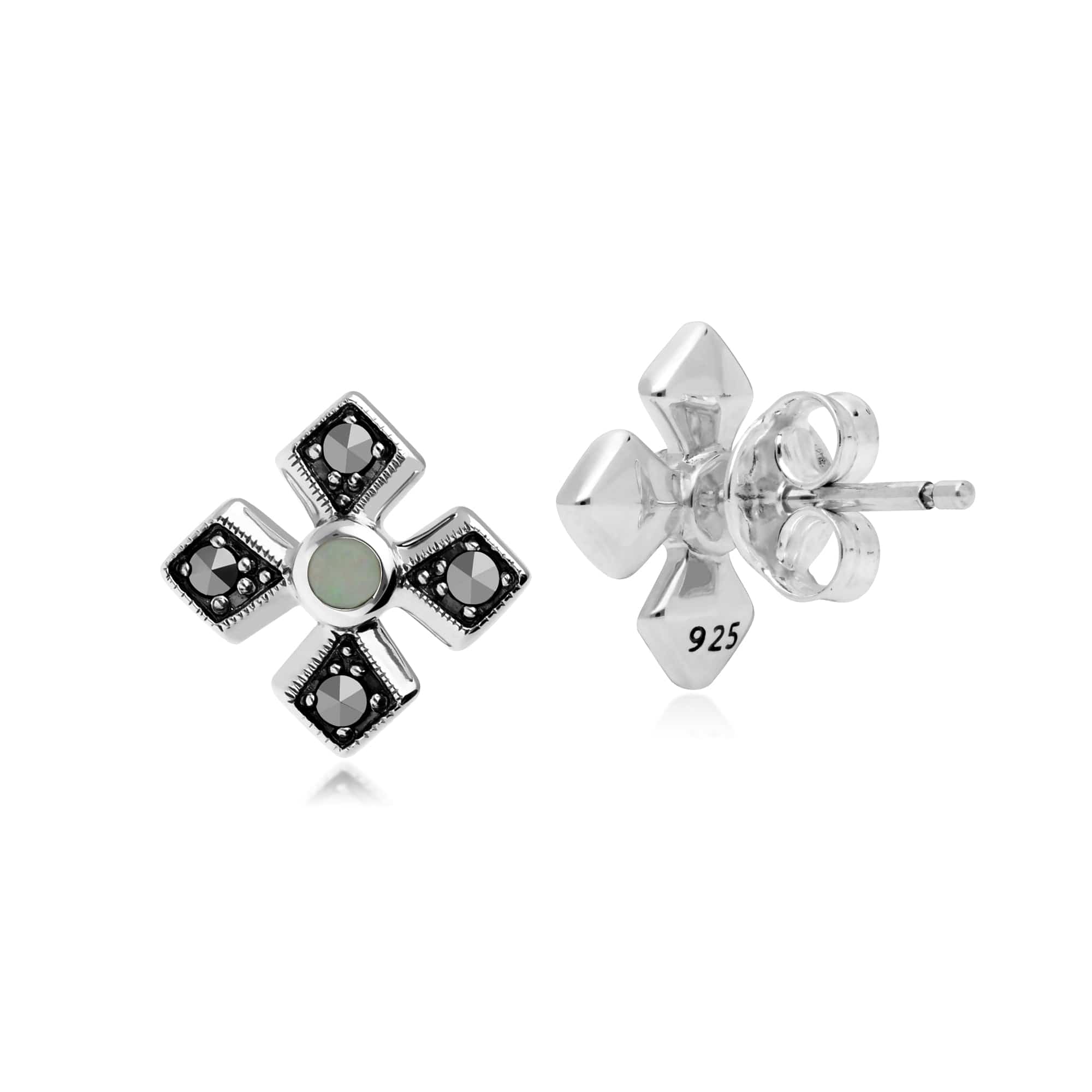 214E859901925 Art Deco Style Round Opal & Marcasite Gothic Style Cross Studs in 925 Sterling Silver 2