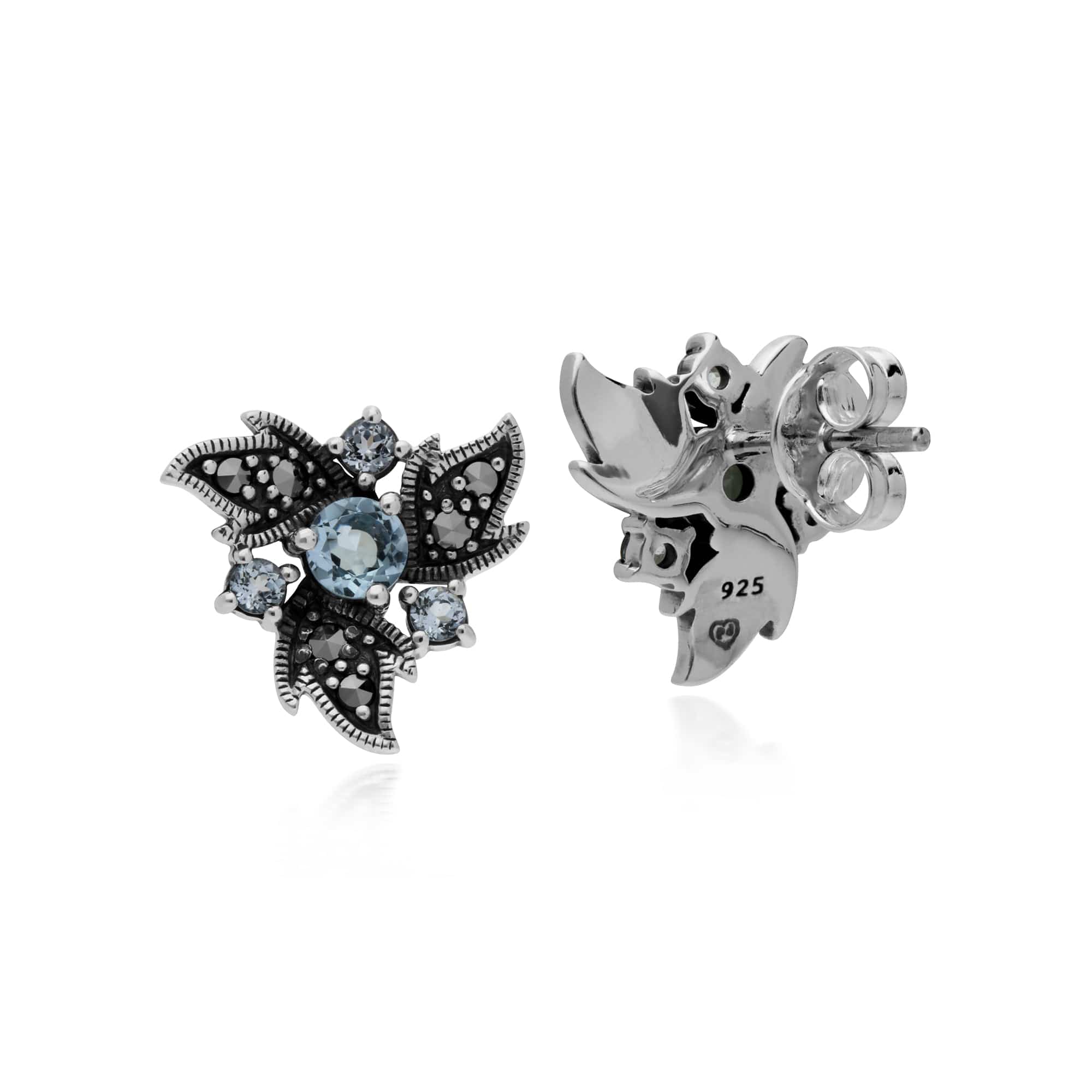 Gemondo Sterling Silver Blue Topaz & Marcasite Art Noveau Floral Earrings - Gemondo
