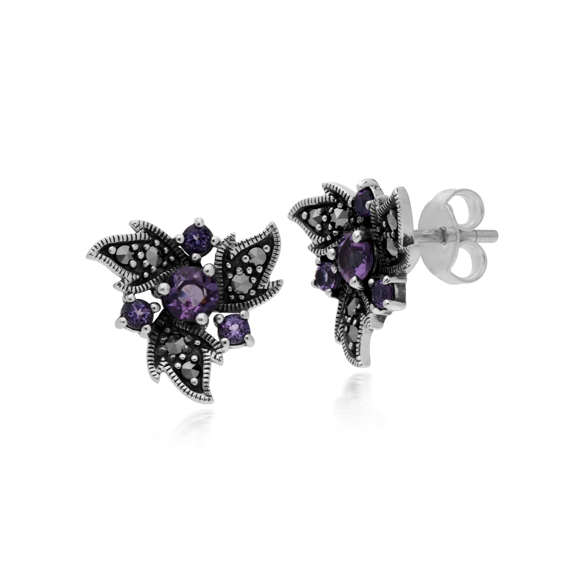 214E860402925 Art Nouveau Style Round Amethyst & Marcasite Floral Stud Earrings in 925 Sterling Silver 1
