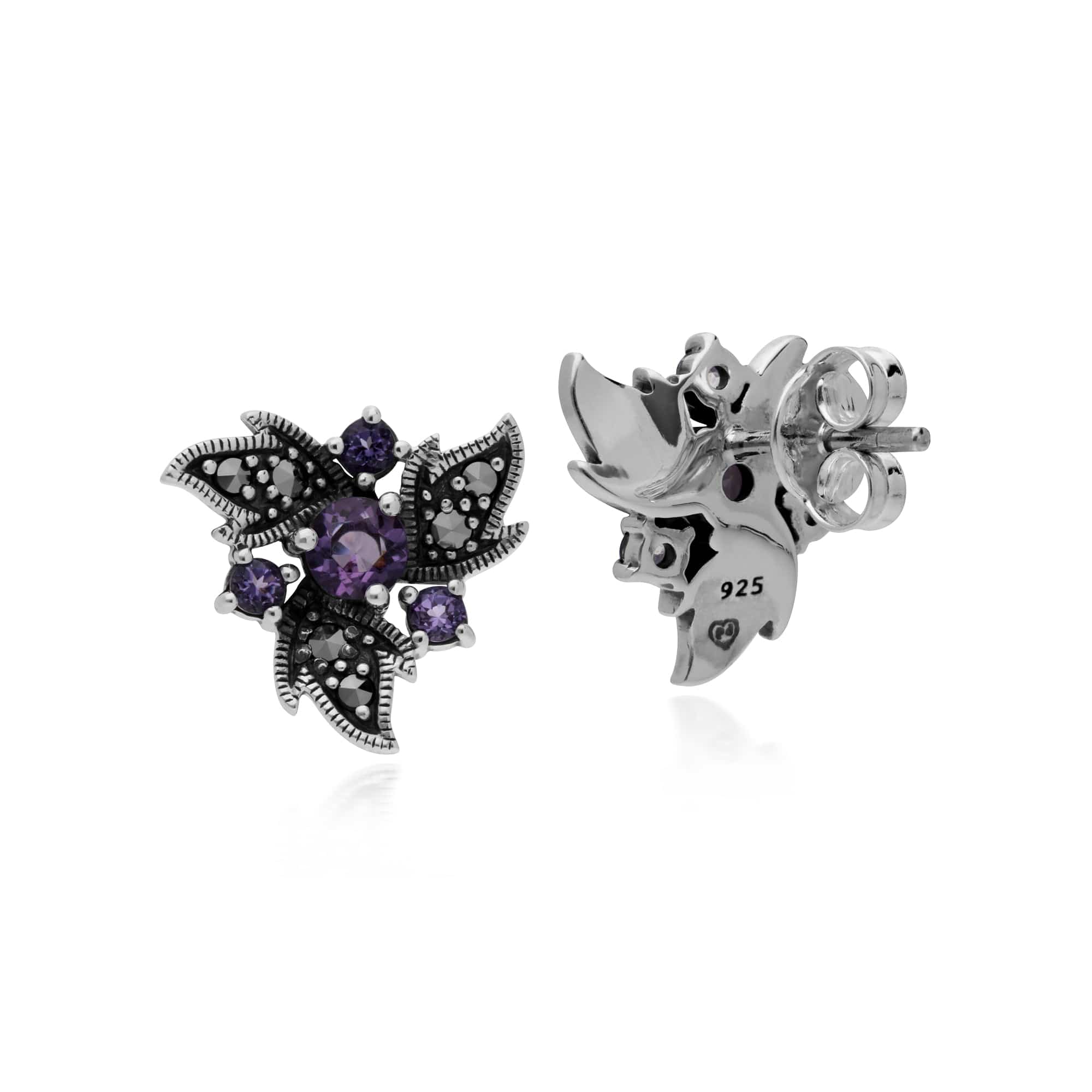 Art Nouveau Style Round Amethyst & Marcasite Floral Stud Earrings in 925 Sterling Silver - Gemondo
