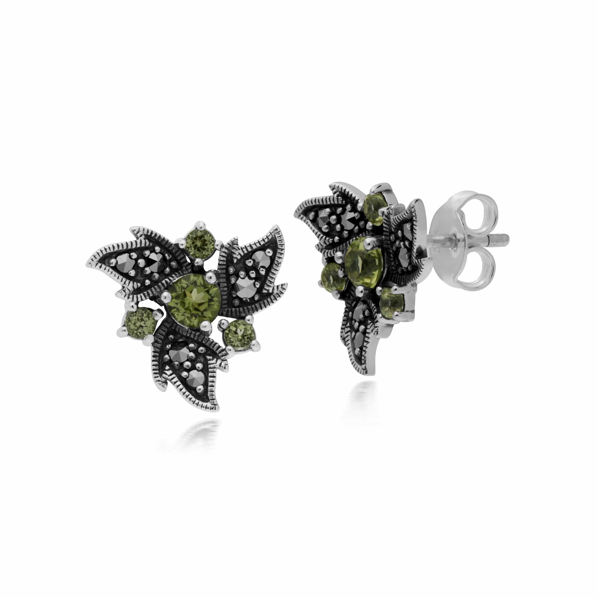 214E860404925 Gemondo Sterling Silver Peridot & Marcasite Art Nouveau Floral Earrings 1