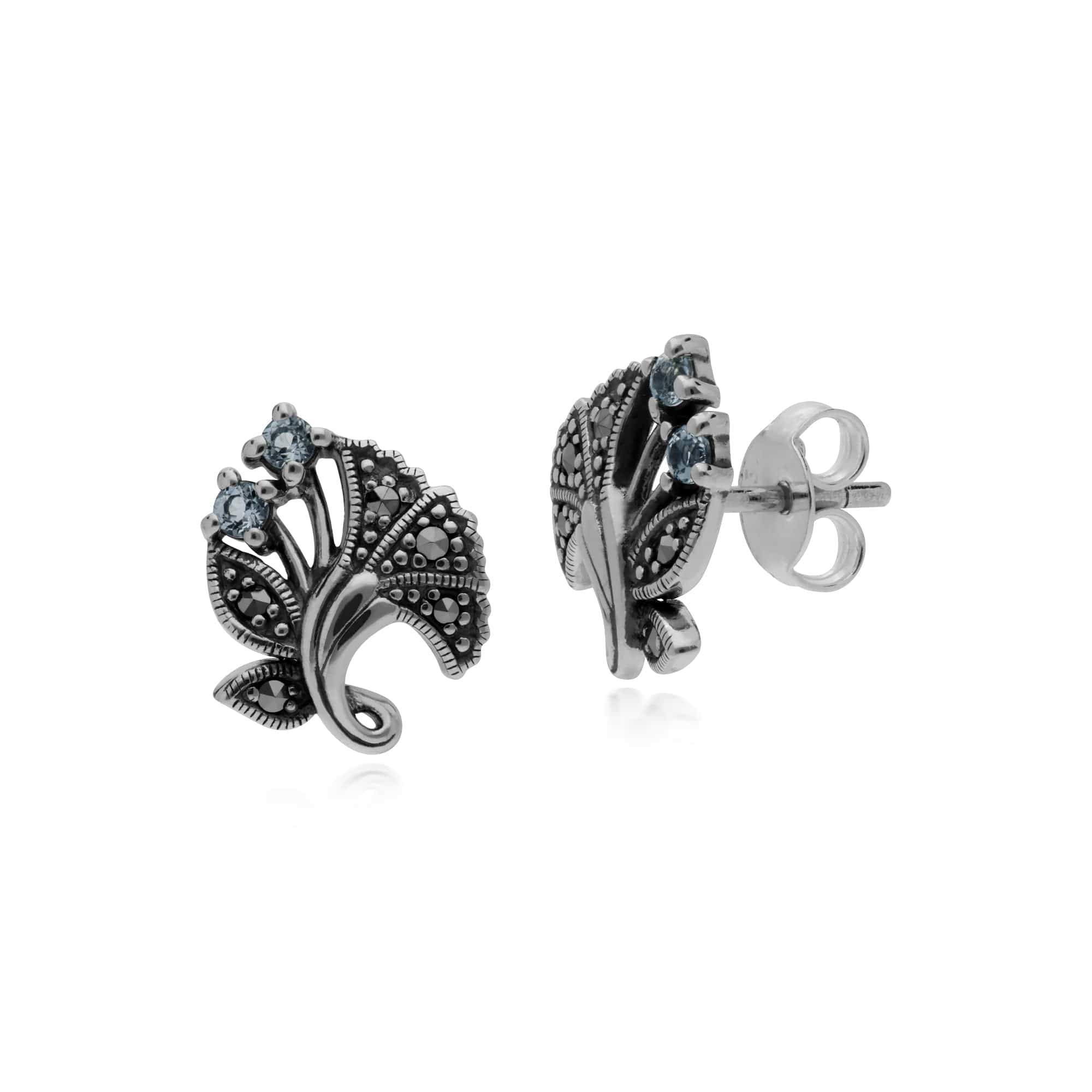 214E860501925 Art Nouveau Style Round Blue Topaz Leaf Stud Earrings in 925 Sterling Silver 1