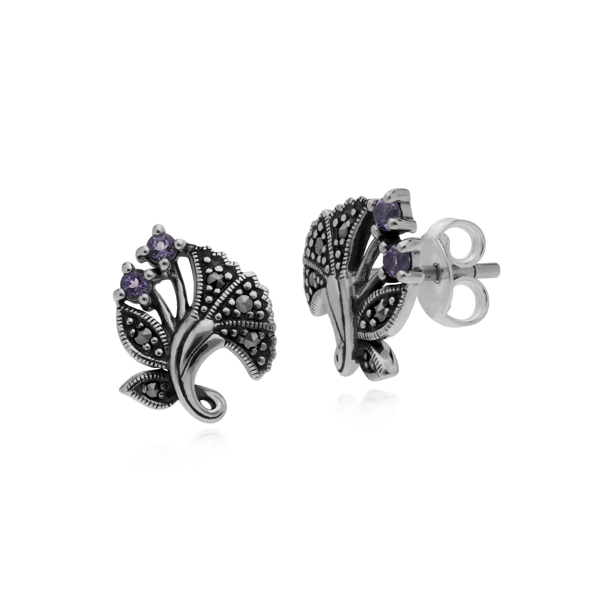 Gemondo Sterling Silver Amethyst & Marcasite February Art Nouveau Stud Earrings - Gemondo