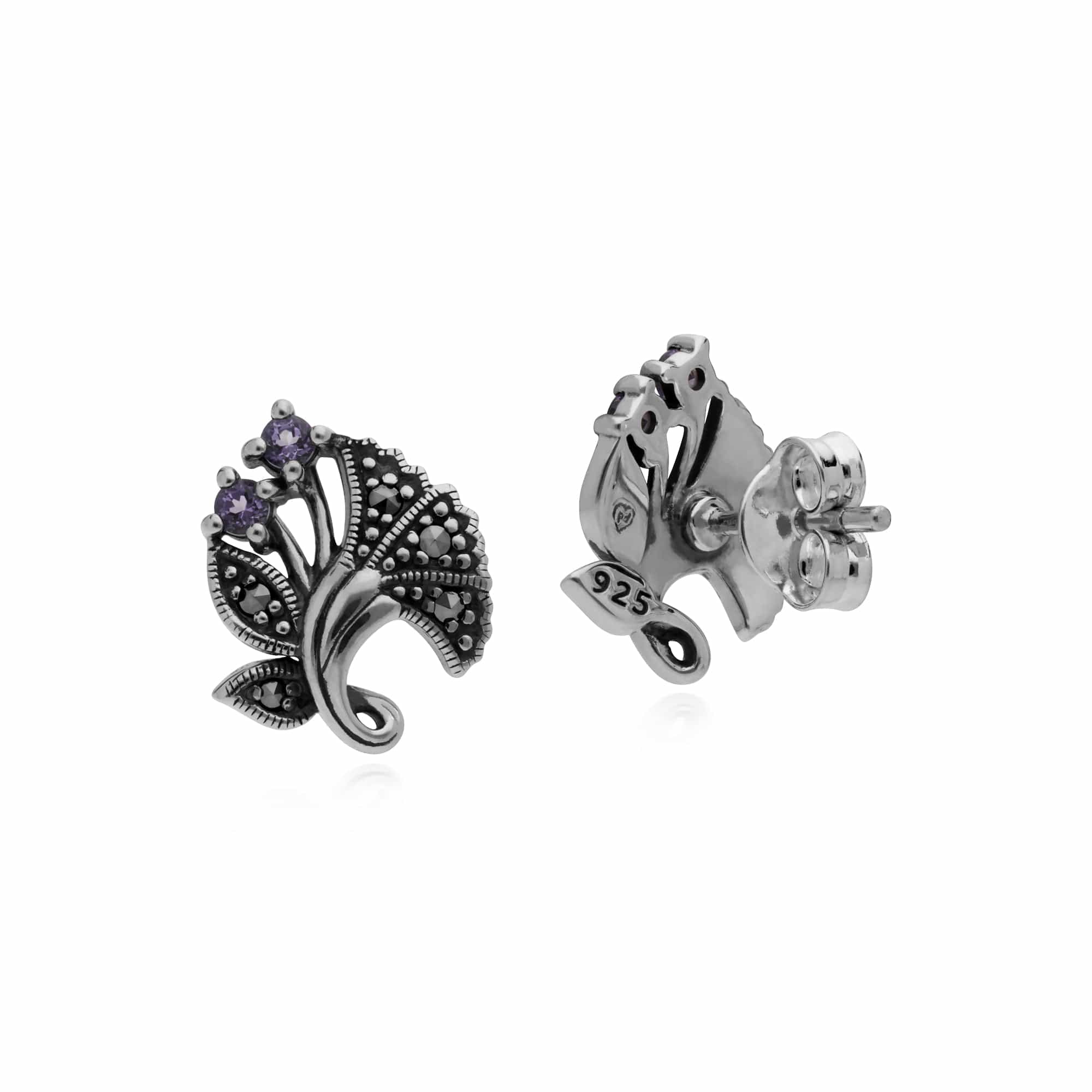 Gemondo Sterling Silver Amethyst & Marcasite February Art Nouveau Stud Earrings - Gemondo