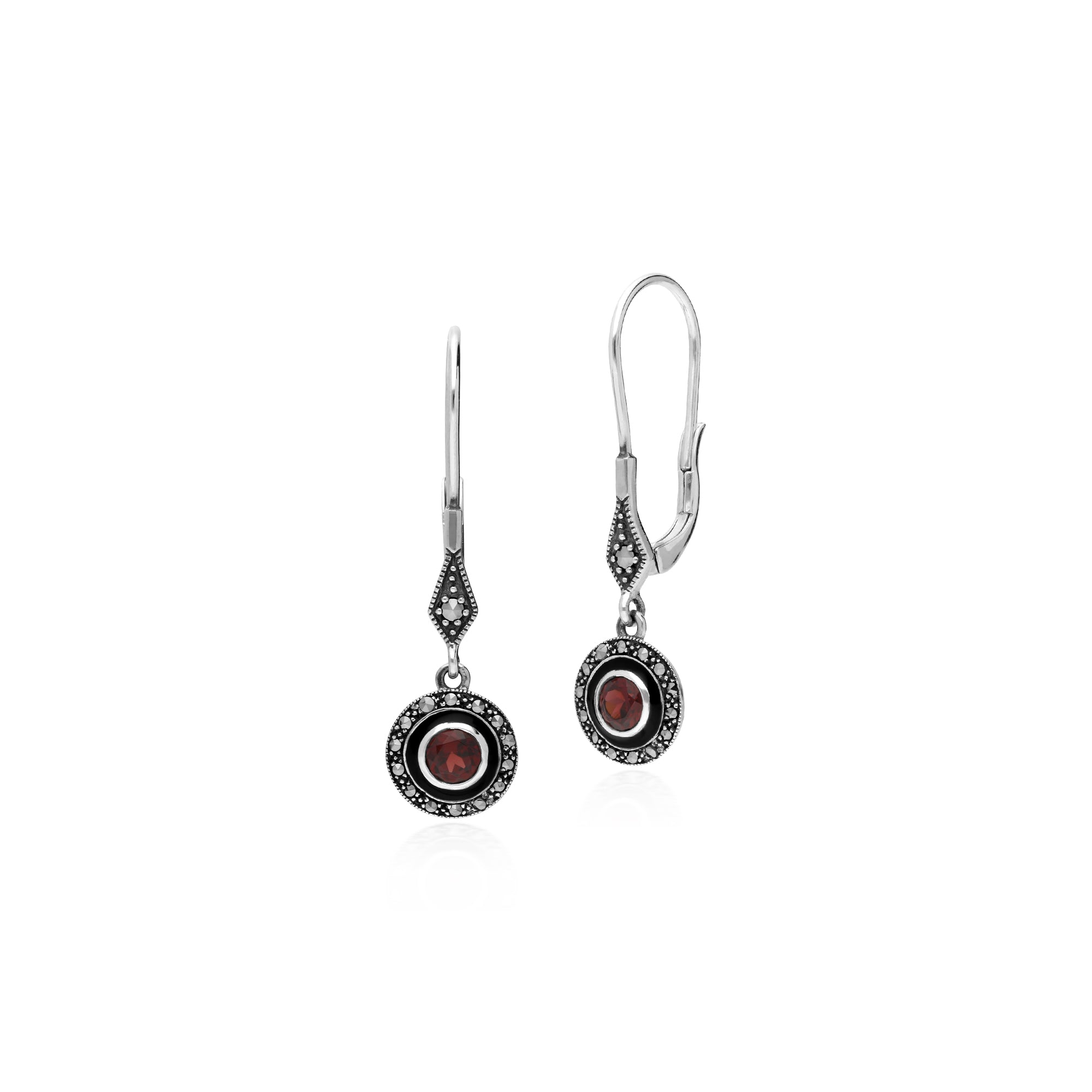Art Deco Style Round Garnet, Marcasite & Enamel Drop Earrings in 925 Sterling Silver - Gemondo