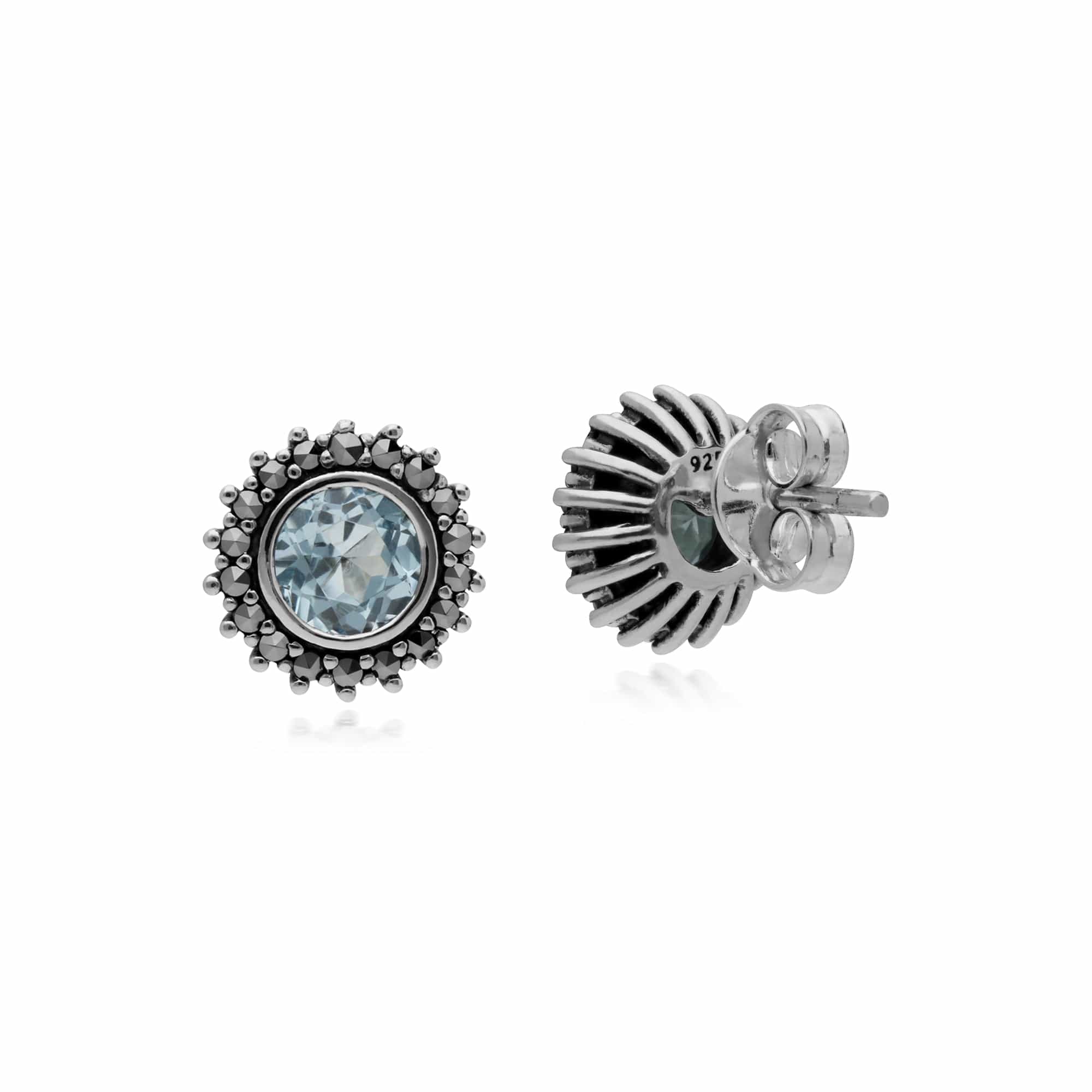 Sterling Silver Blue Topaz & Marcasite November Art Nouveau Stud Earrings - Gemondo