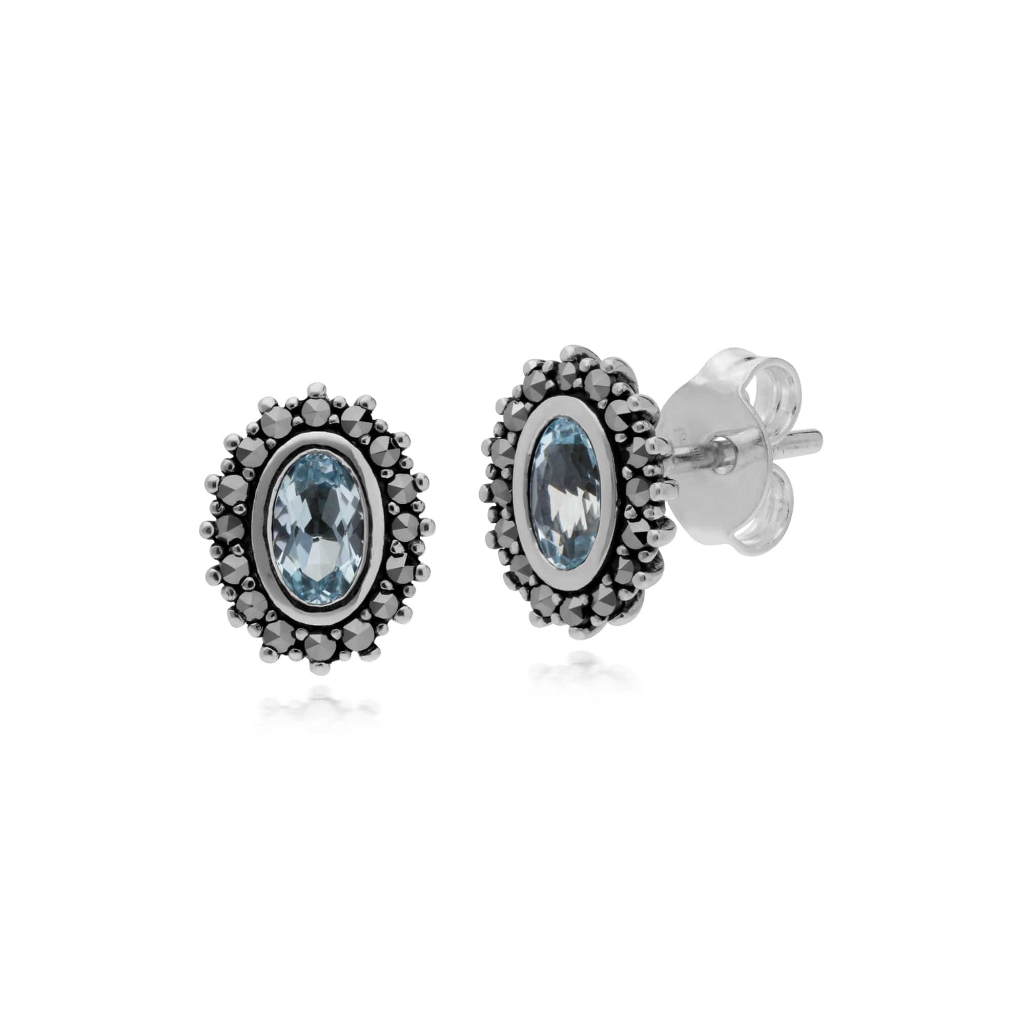 214E860901925 Sterling Silver Blue Topaz & Marcasite November Art Nouveau Stud Earrings 1
