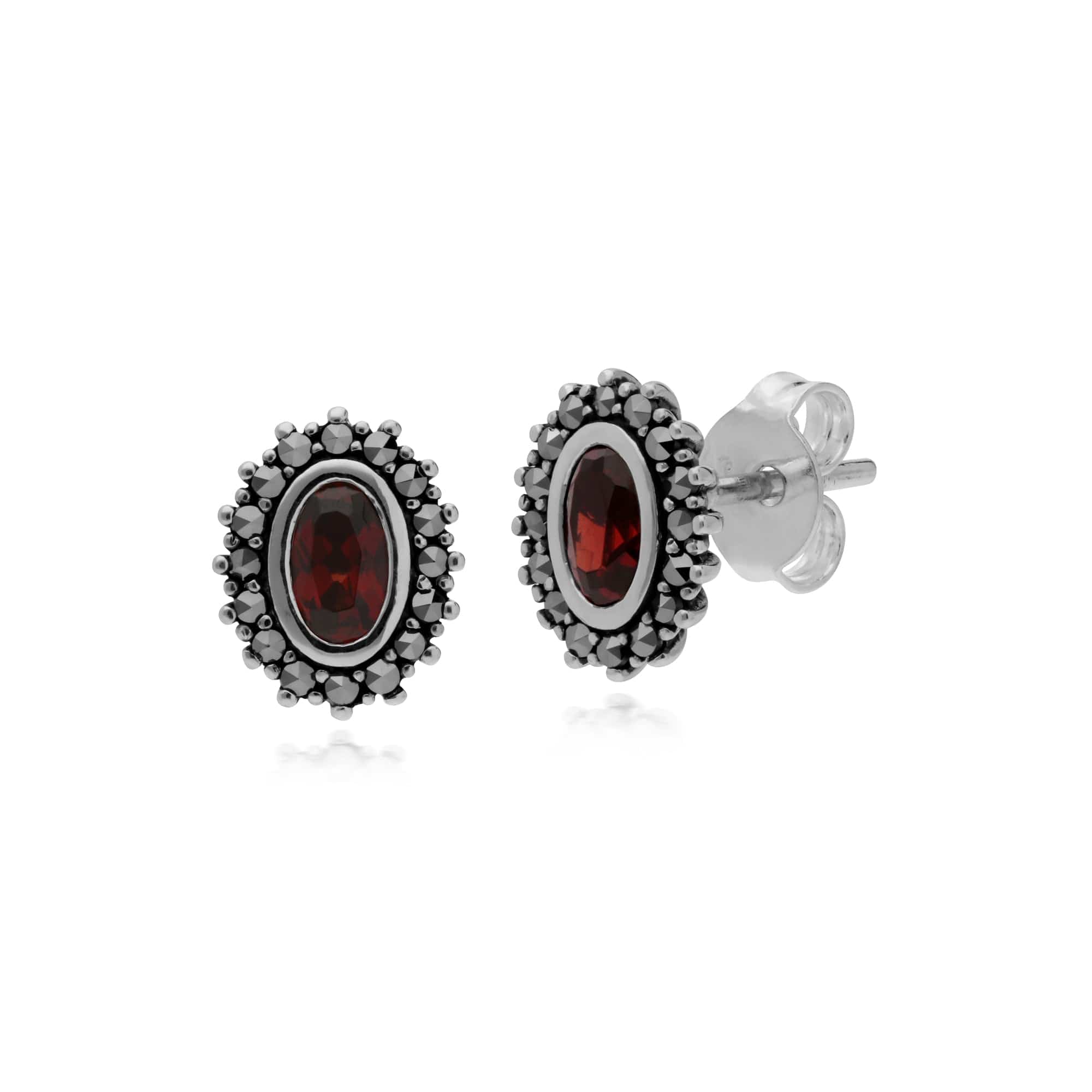 Sterling Silver Mozambique Garnet & Marcasite January Art Nouveau Stud Earrings - Gemondo