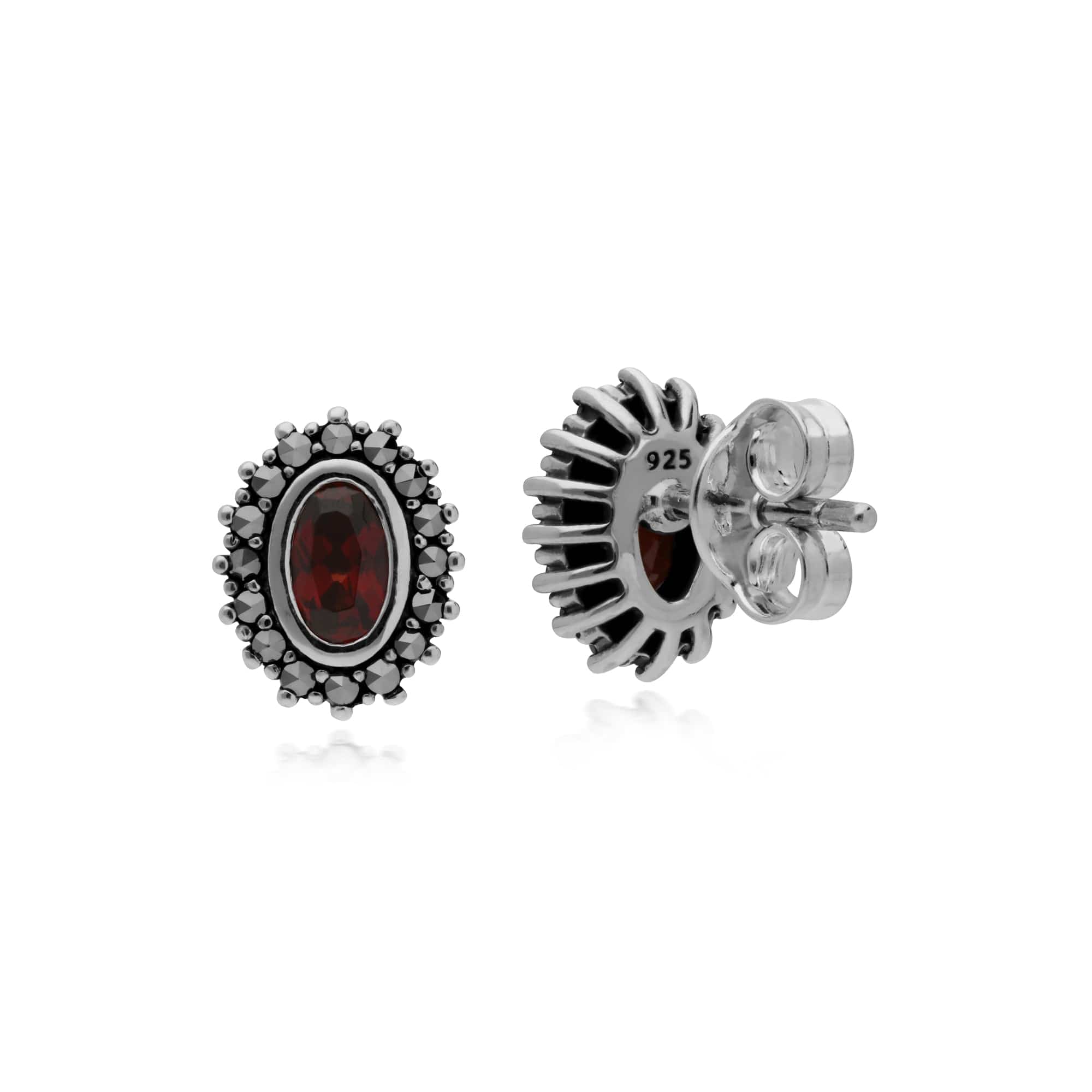 Sterling Silver Mozambique Garnet & Marcasite January Art Nouveau Stud Earrings - Gemondo
