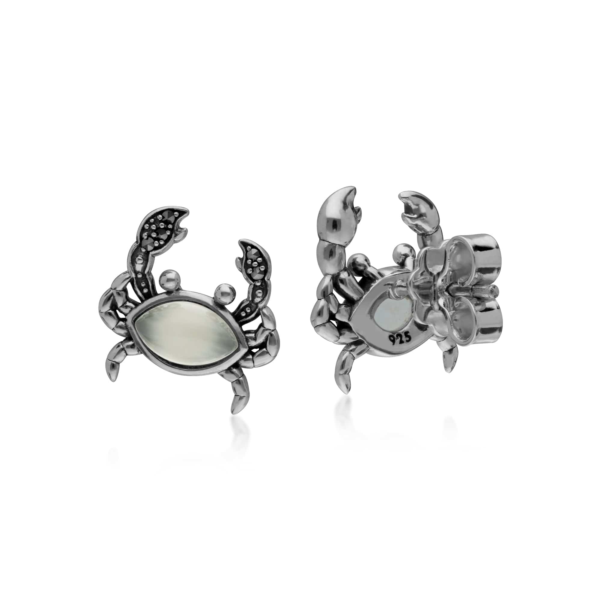 Classic Marquise Moonstone & Marcasite Crab Stud Earrings in 925 Sterling Silver - Gemondo