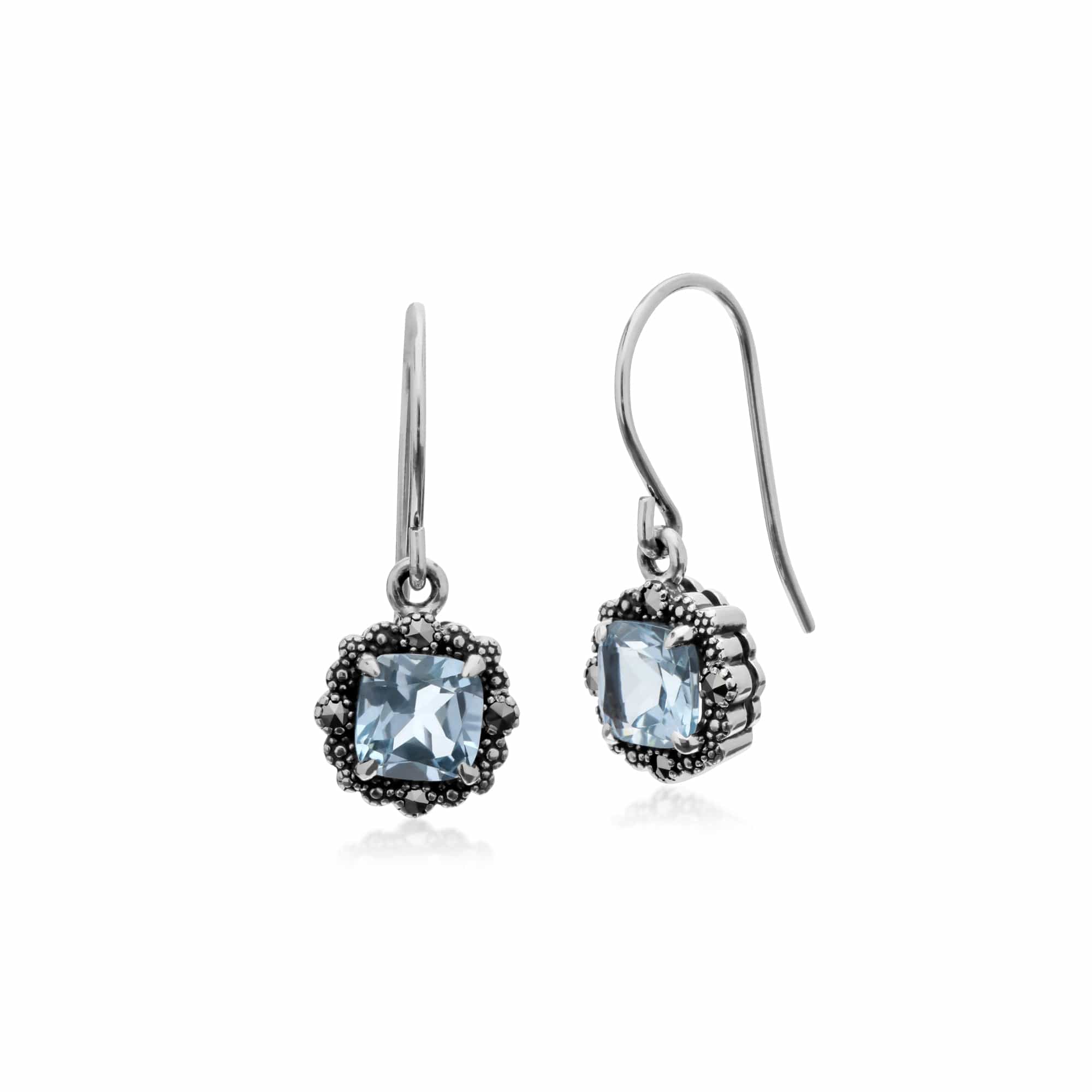 214E870901925 Art Deco Style Square Cushion Blue Topaz & Marcasite Drop Earrings in 925 Sterling Silver 1