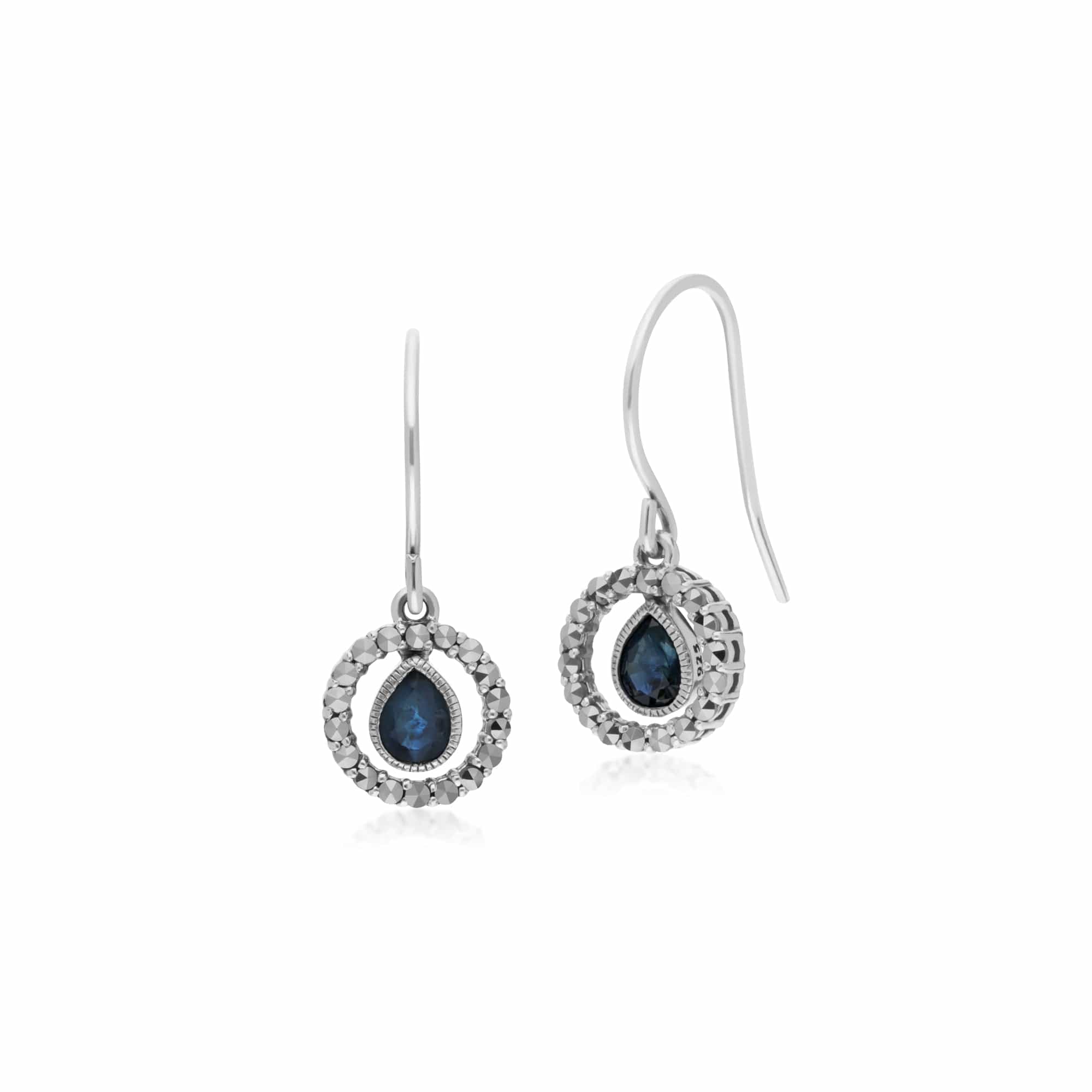 214E872802925 Classic Pear Sapphire & Marcasite Round Halo Drop Earrings in 925 Sterling Silver 1