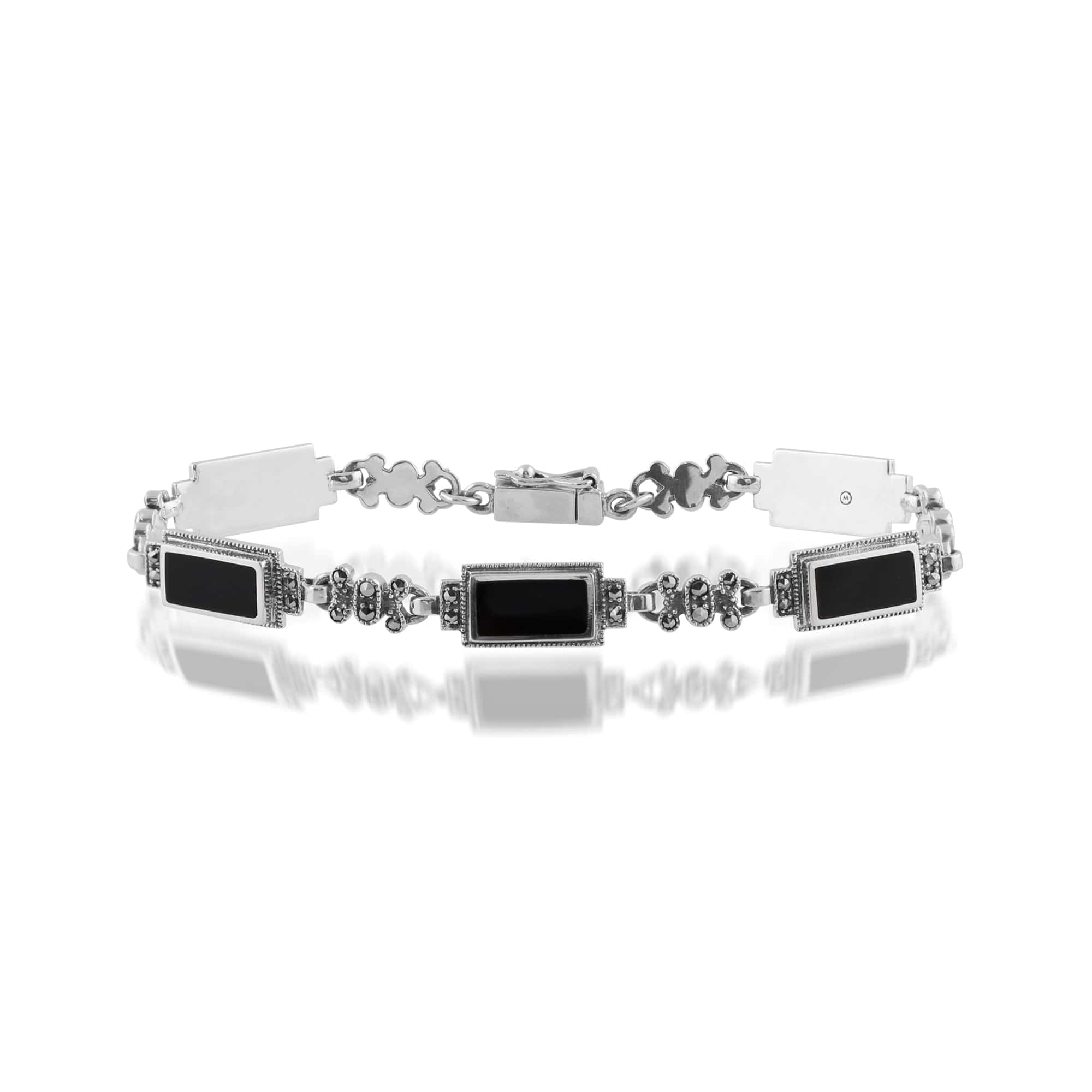 Art Deco Style Rectangle Black Onyx & Marcasite Bracelet - Gemondo