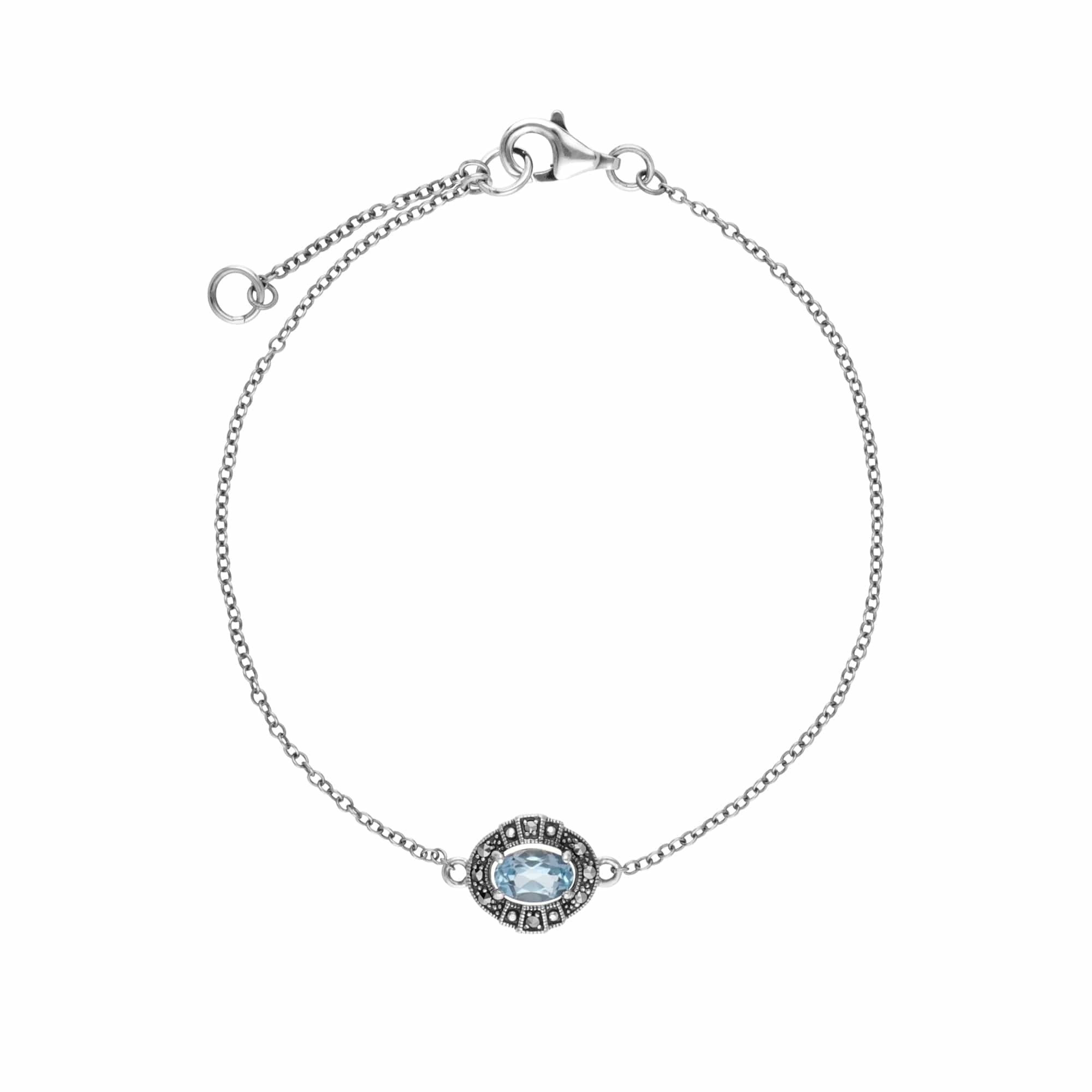 Art Deco Style Oval Blue Topaz & Marcasite Cluster Bracelet in Sterling Silver