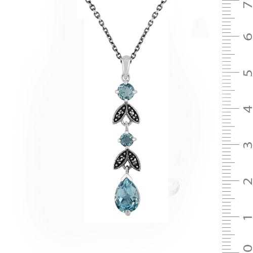 214E530301925-214N364801925 Art Nouveau Style Style Pear Blue Topaz & Marcasite Leaf Drop Earrings & Pendant Set in 925 Sterling Silver 7
